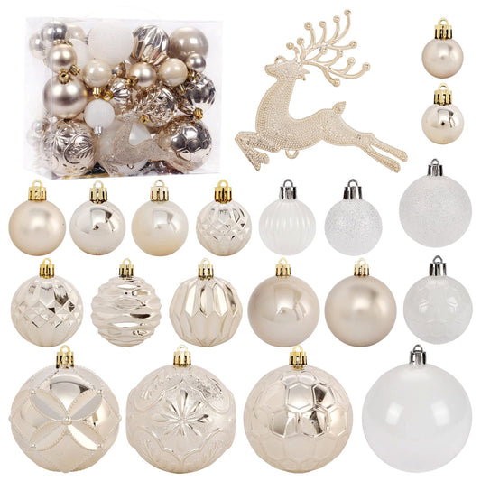 Christmas Tree Ornaments Set, 50 ct Champagne and White Xmas Ornaments Balls for Christmas Tree Decorations Shatterproof Xmas Hanging Ball for Halloween Party Home Decor (Hooks Included) - Medaid International