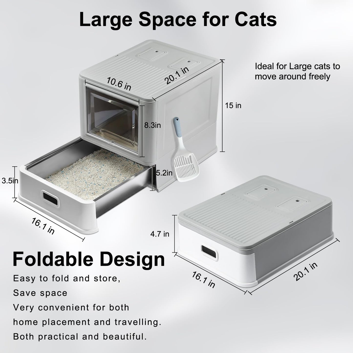 Marchul Enclosed Stainless Steel Cat Litter Box with Lid & Drawer Design for Indoor All Lifestyles Cats, Metal Covered Cat Litter Box, Baffles for Anti-Leakag, with Litter Scoop & Litter Mat