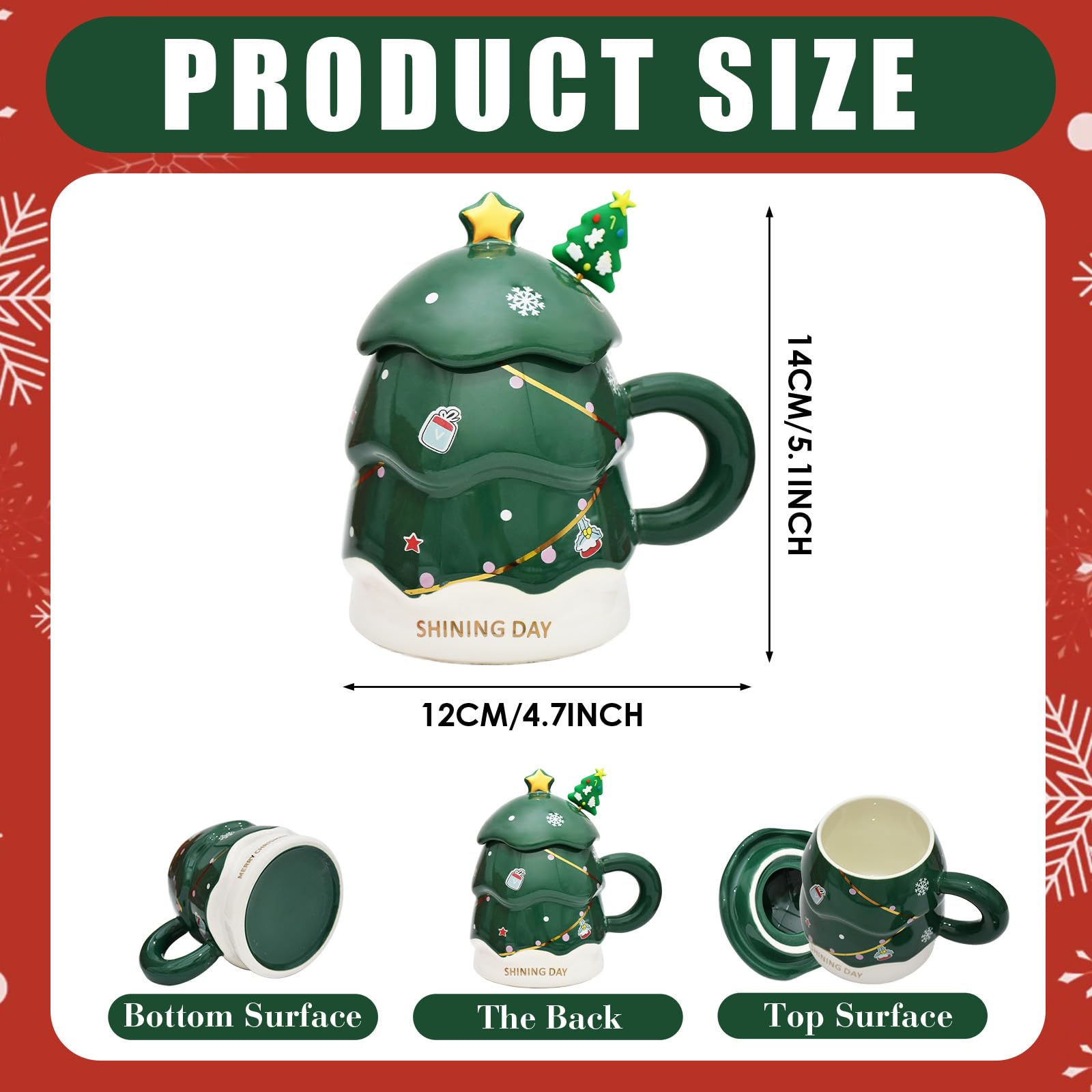 Peclek 14 oz Christmas Tree Mug with Lid and Spoon Decorations, Cute Festive Ceramic Coffee Cup, Winter Xmas Holiday Birthday Tabletop Drinkware Teacup Gifts for Adults Kids Men Women (Green) - Medaid International