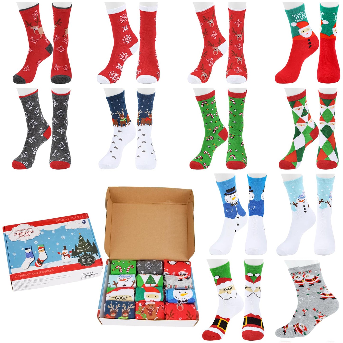Twister.CK 12 Pairs Crew Christmas Holiday Socks，Cozy Funny Cotton Knit Xmas Soft Socks Winter Novelty Christmas Gift - Medaid International