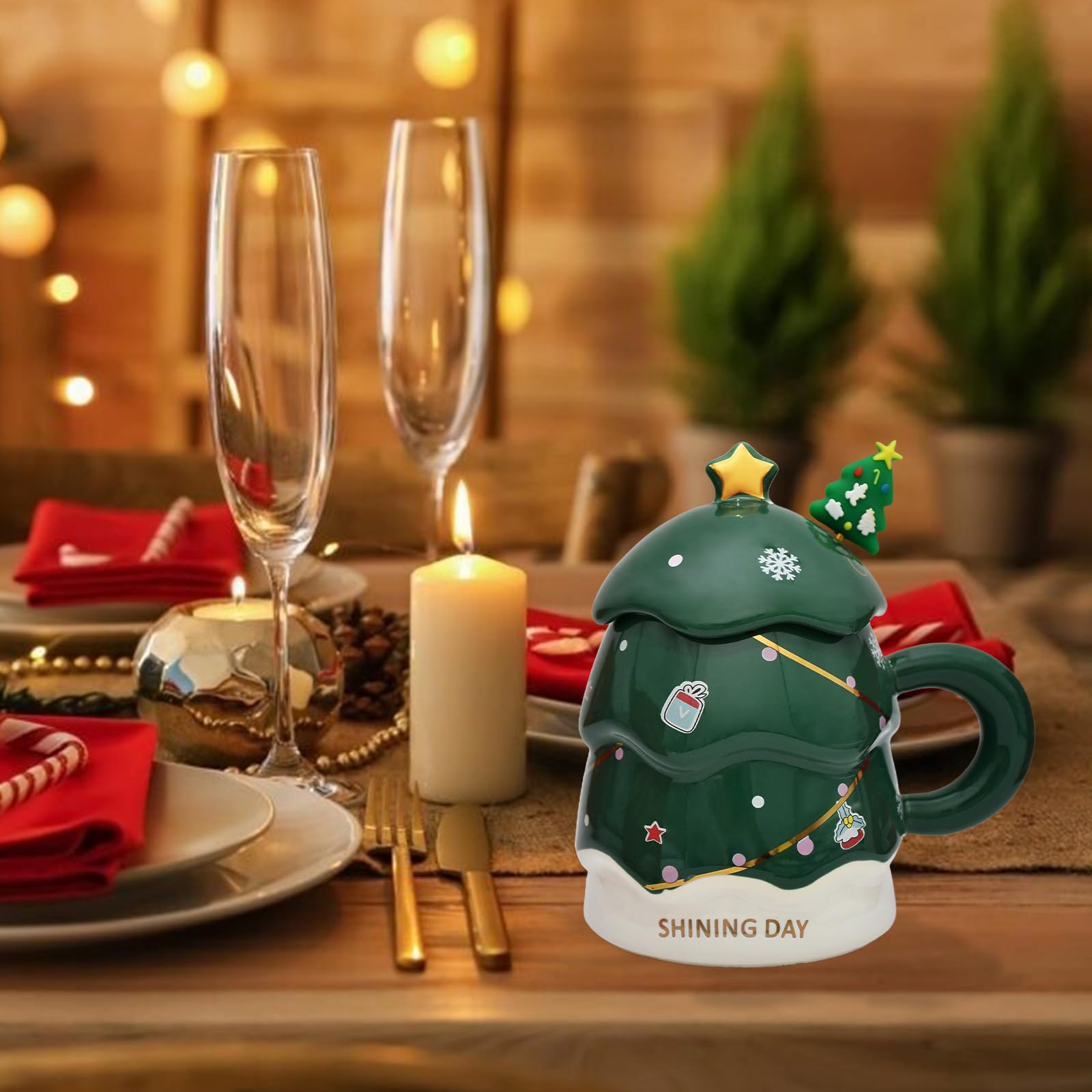 Peclek 14 oz Christmas Tree Mug with Lid and Spoon Decorations, Cute Festive Ceramic Coffee Cup, Winter Xmas Holiday Birthday Tabletop Drinkware Teacup Gifts for Adults Kids Men Women (Green) - Medaid International