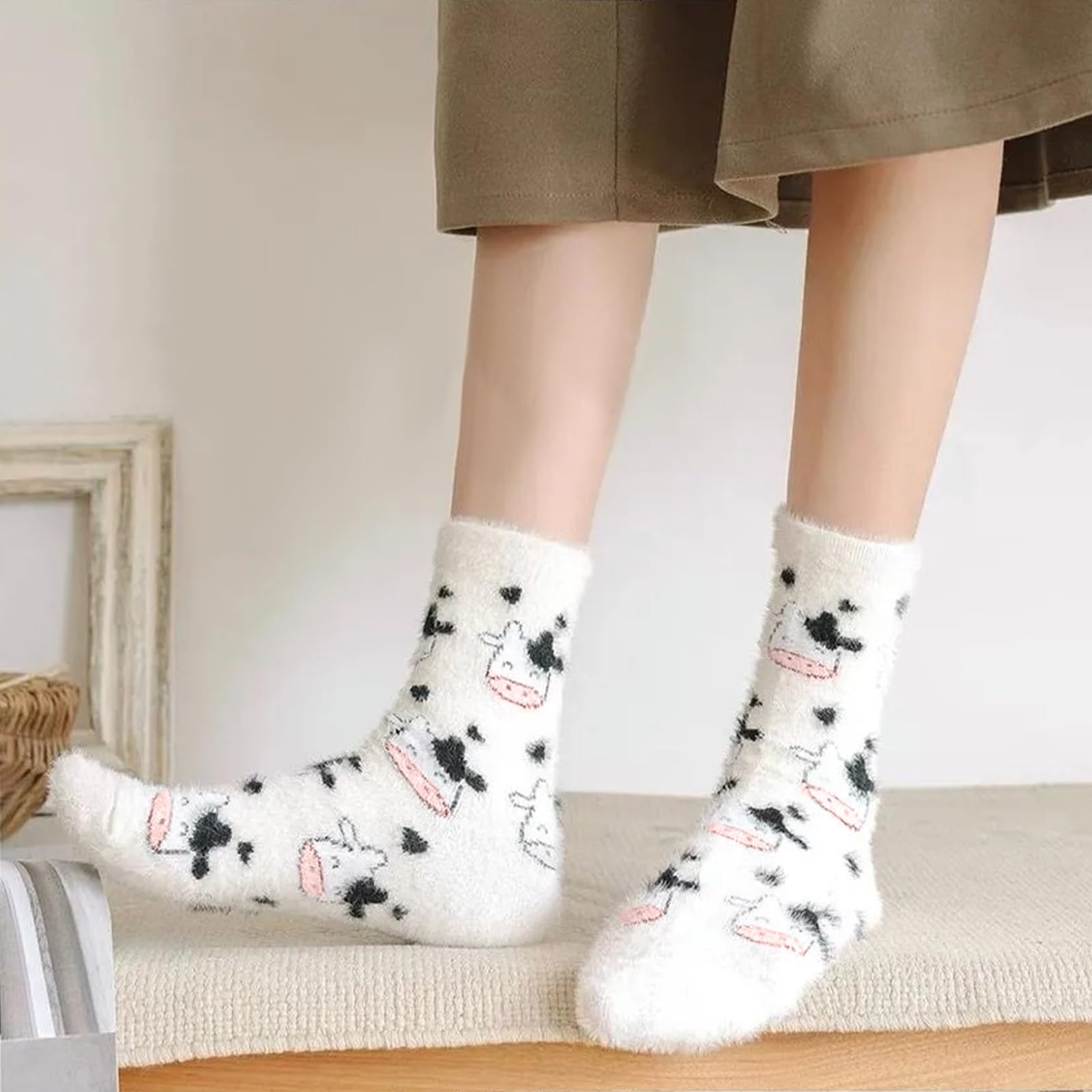 Cute Cow Print Socks for Women Fuzzy Winter Fluffy Lazy Sleeper Socks Warm Thick Cozy Trendy Christmas Gifts for Teen Girls - Medaid International