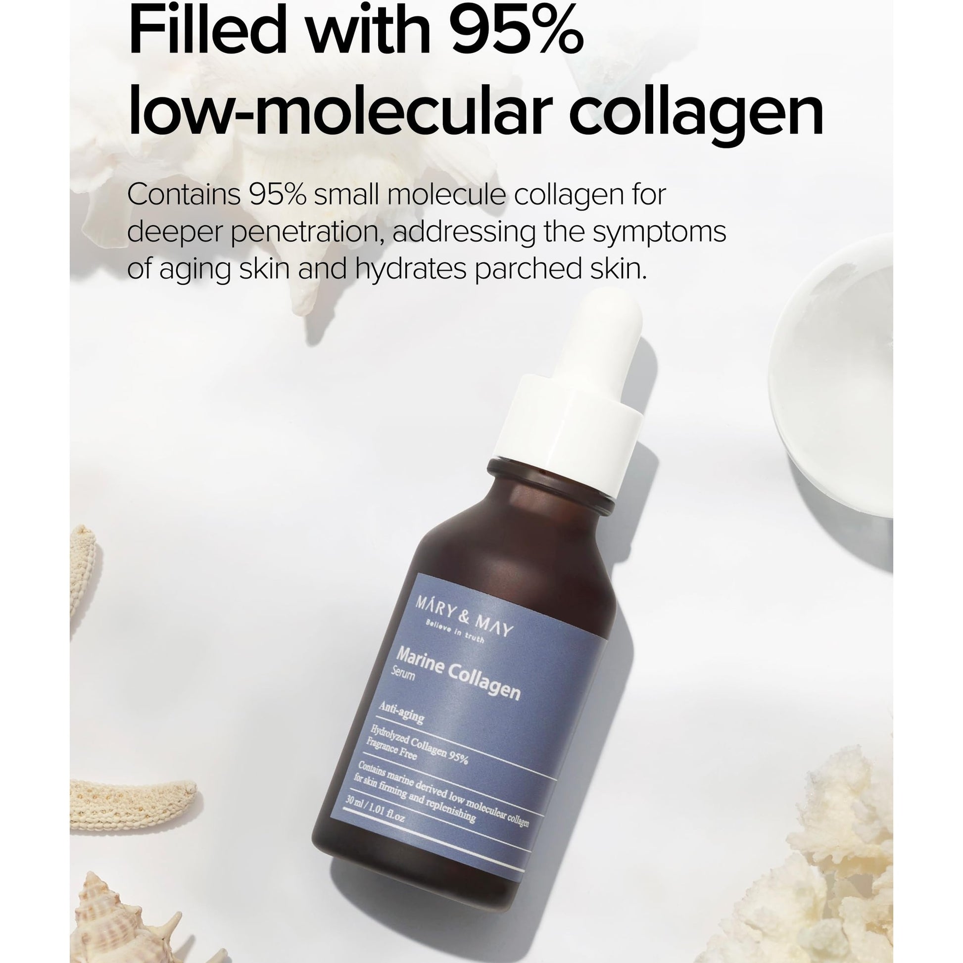 Mary&May Marine Collagen Serum - Hydrolyzed Low Molecular Collagen for Skin Firming and Replenishing, Hydrating - Korean Skincare, Fragrance Free, 1.01 fl.oz. - Medaid International