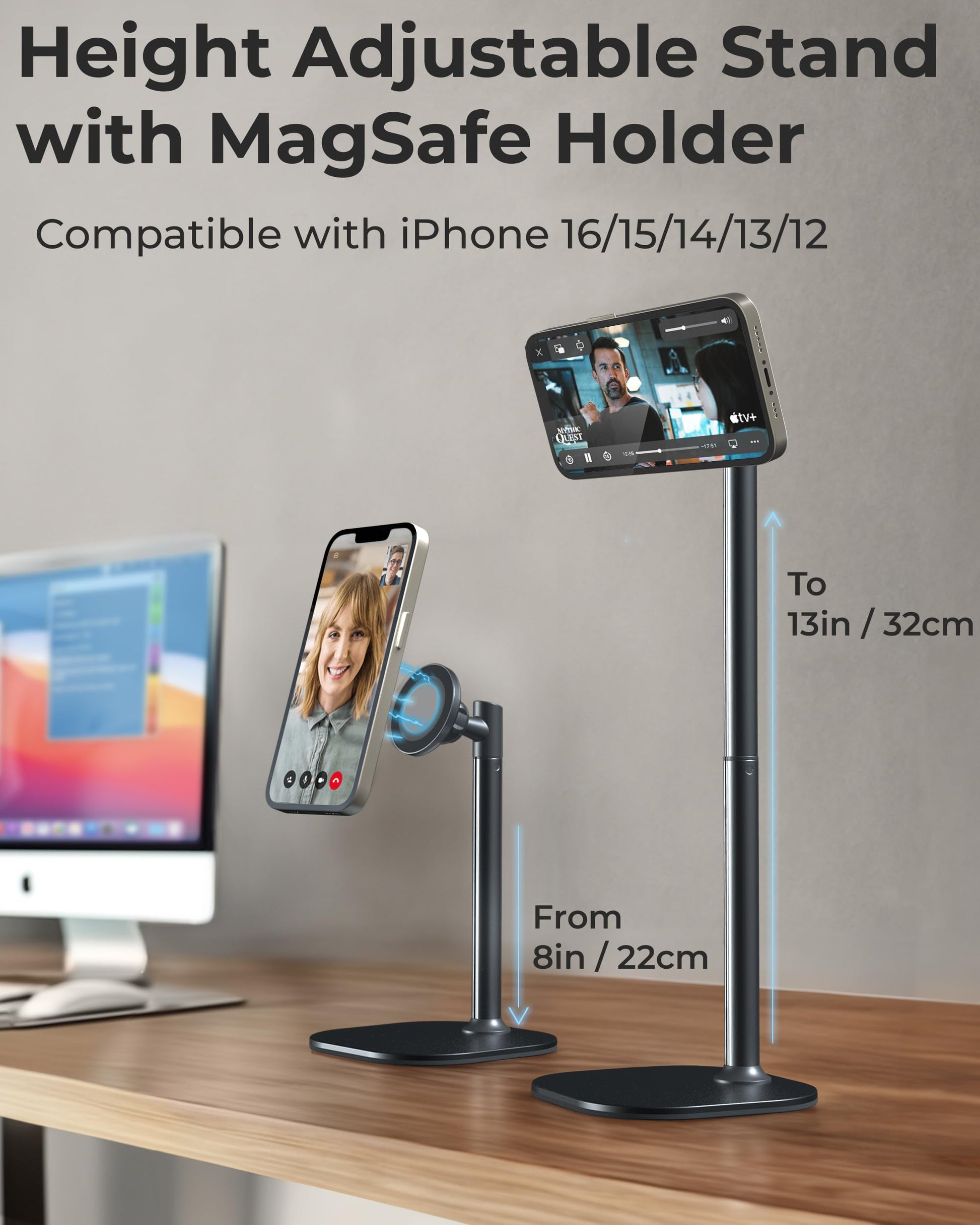 COOPER MagStand - Adjustable Magnetic iPhone Stand for Desk & Phone Holder for Video Recording, Compatible with MagSafe, Stand for iPhone 17 Pro Max, 16/15/14/13/12, Small Mag Safe Tripod (Black) - Medaid International