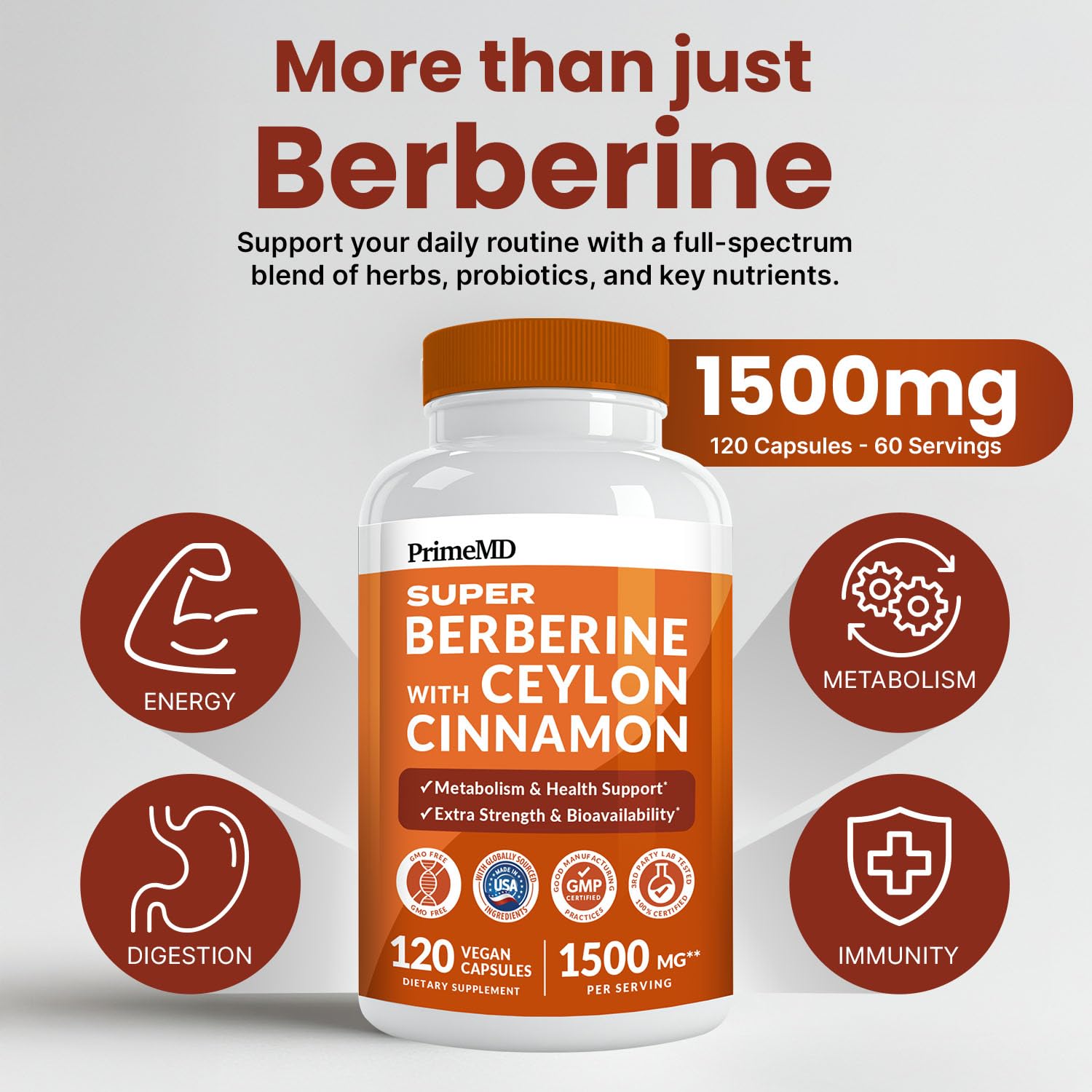 Super Berberine Supplement with Ceylon Cinnamon, BioPerine, Apple Cider, and Turmeric 1500mg - 8-in-1 Dihydroberberine Supplement for Overall Wellness and Balance Support, 120 ct - Medaid International