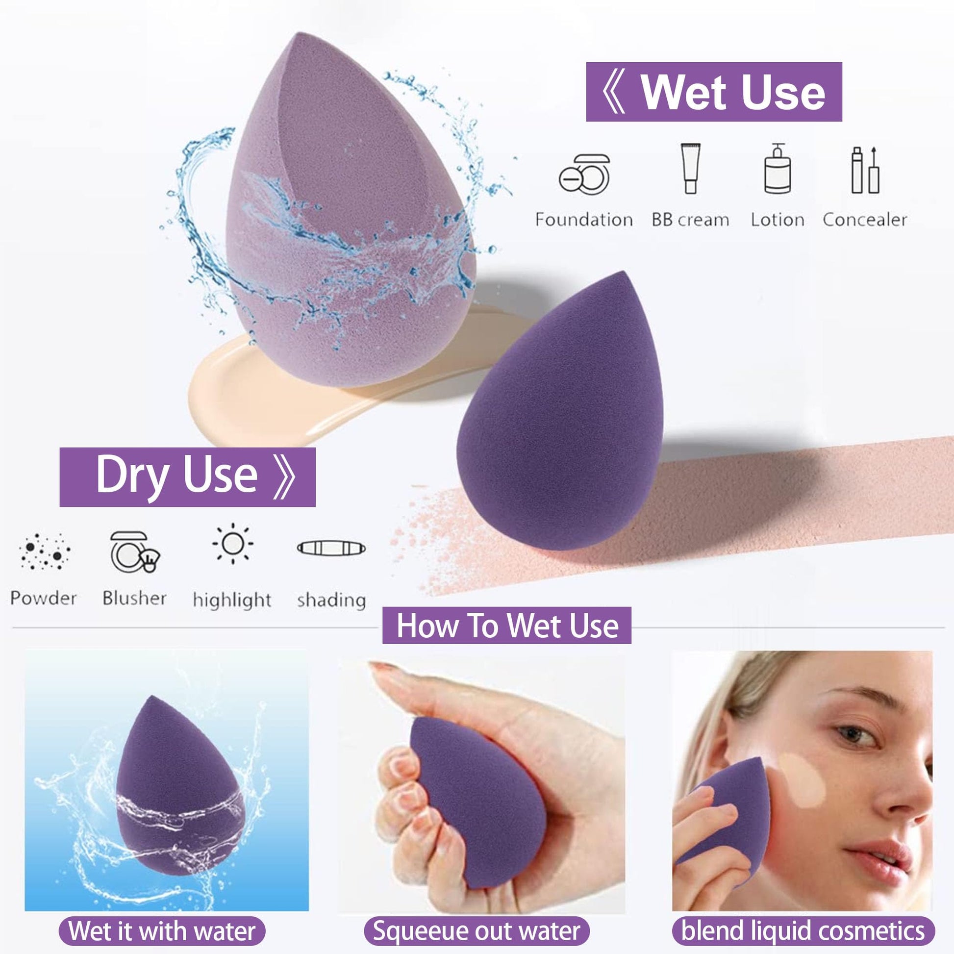 4PCS Makeup Sponge Set with Storage Box, Beauty Blender Sponges for Liquid Cream and Powder, Dry and Wet Use Foundation Blending Applicators for Flawless Makeup Application Purple - Medaid International