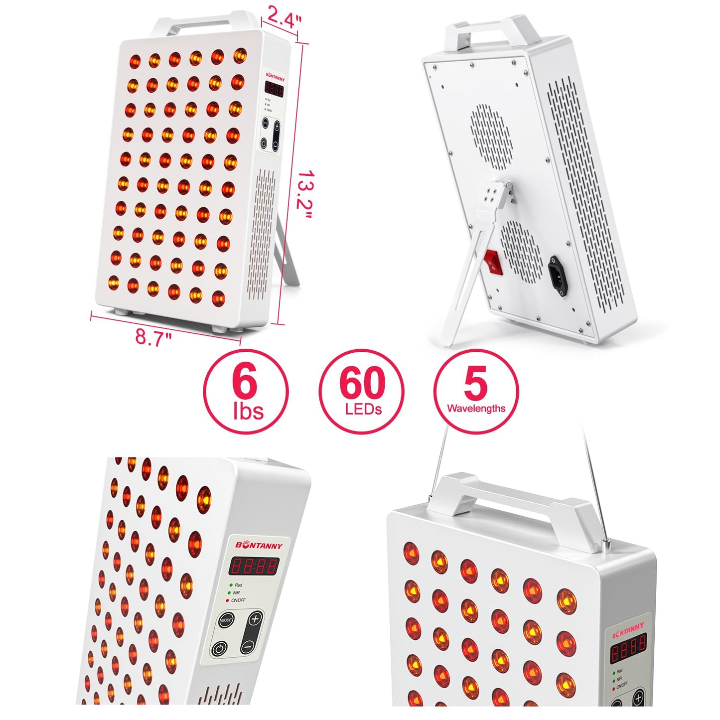 BONTANNY Red Light Therapy, 630/660/810/830/850nm 5 Wavelengths Red Near Infrared Light Device with 60 Dual Chip Clinical Grade LEDs, Remote Control, Timer for Face, Body, Pain Relief, BO-300 (White) - Medaid International