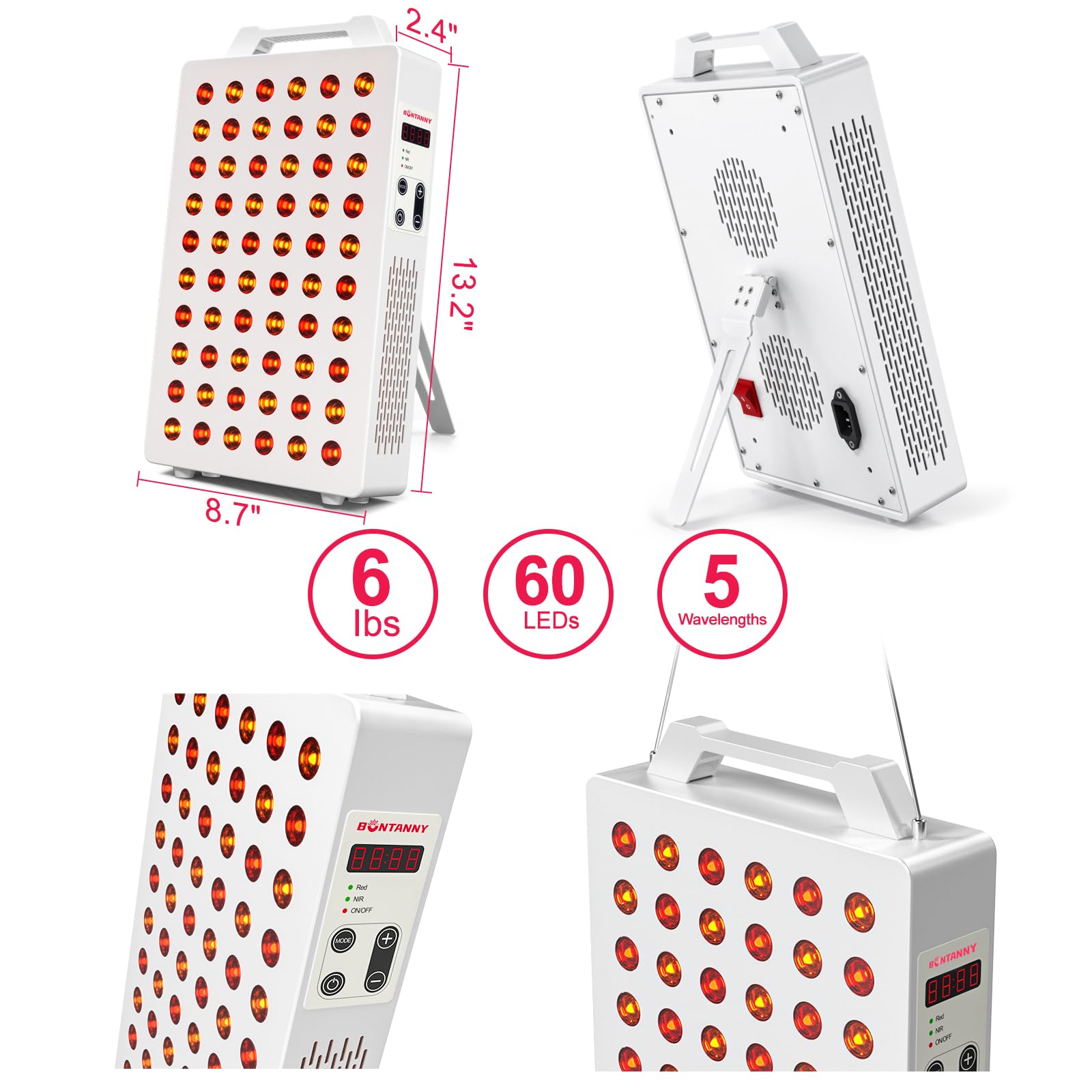 BONTANNY Red Light Therapy, 630/660/810/830/850nm 5 Wavelengths Red Near Infrared Light Device with 60 Dual Chip Clinical Grade LEDs, Remote Control, Timer for Face, Body, Pain Relief, BO-300 (White) - Medaid International
