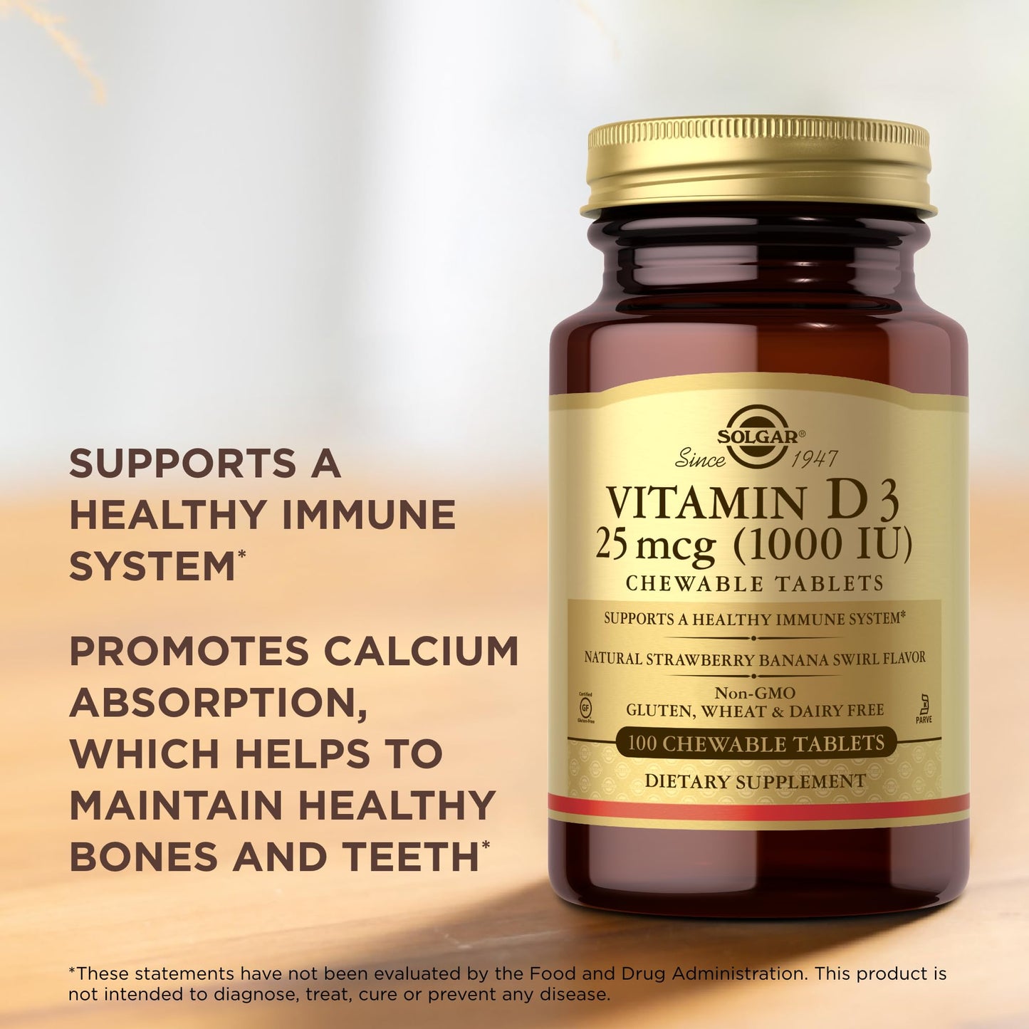 Solgar Vitamin D3 (Cholecalciferol) 25 mcg (1000 IU), Natural Strawberry Banana Swirl - 100 Chewable Tablets - Non-GMO, Kosher - 100 Servings - Medaid International