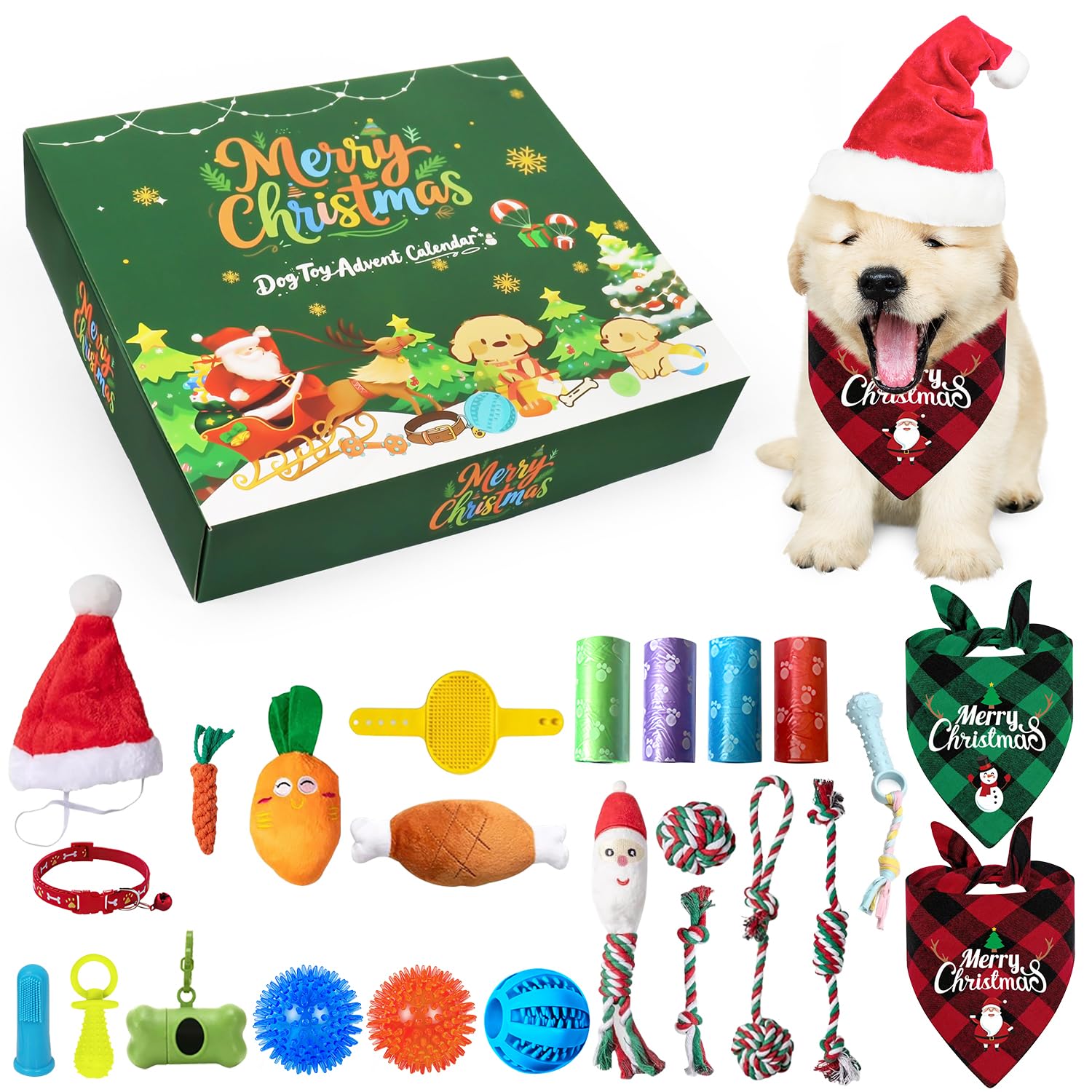 Dog Advent Calendar, 24 Days Pet Toy Christmas Countdown Calendar with Chew Ropes Toys Squeaky Balls Teething Toys for Xmas Small Puppy Terrier - Medaid International