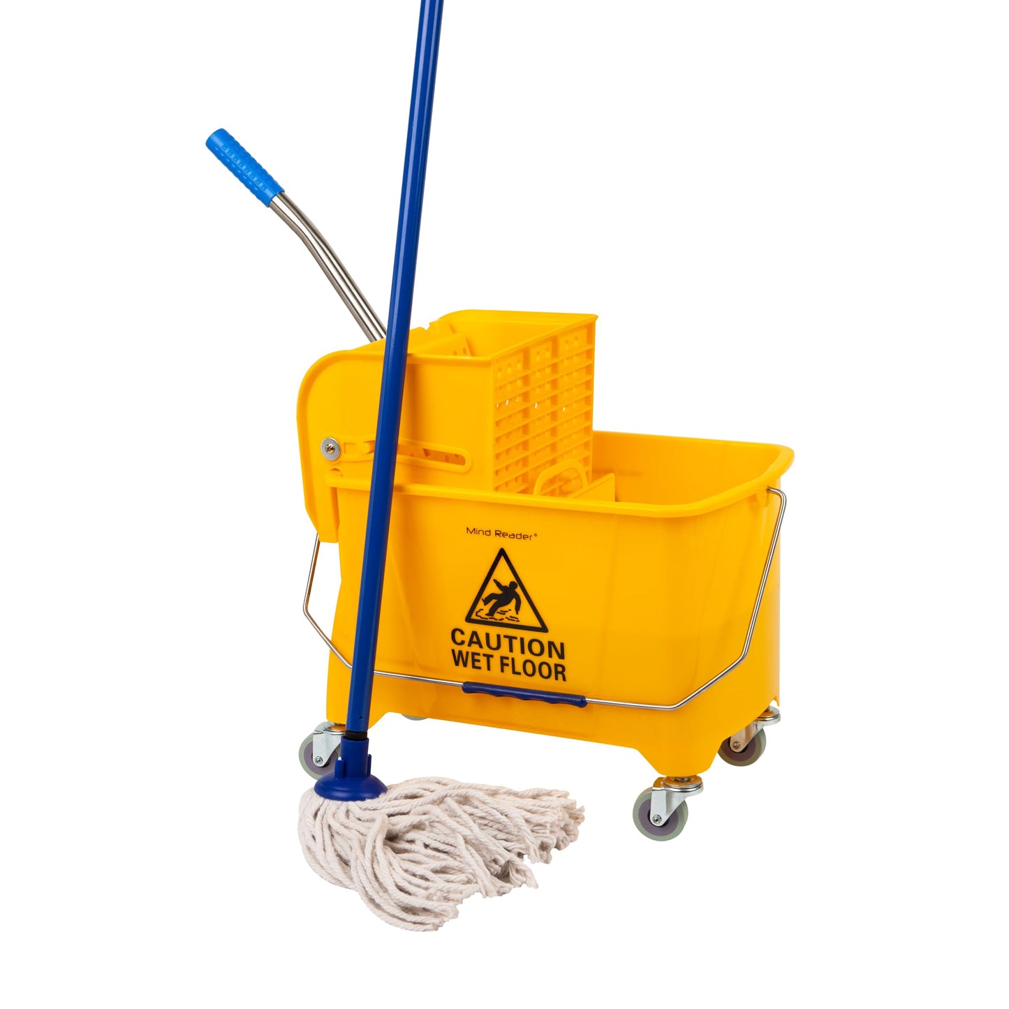 Mind Reader Mop Bucket with Wringer, 22 Qt (5.5 Gallon), Floor Cleaning, Handle, Wheels, 16.25"L x 10.75"W x 24.5"H, Yellow - Medaid International