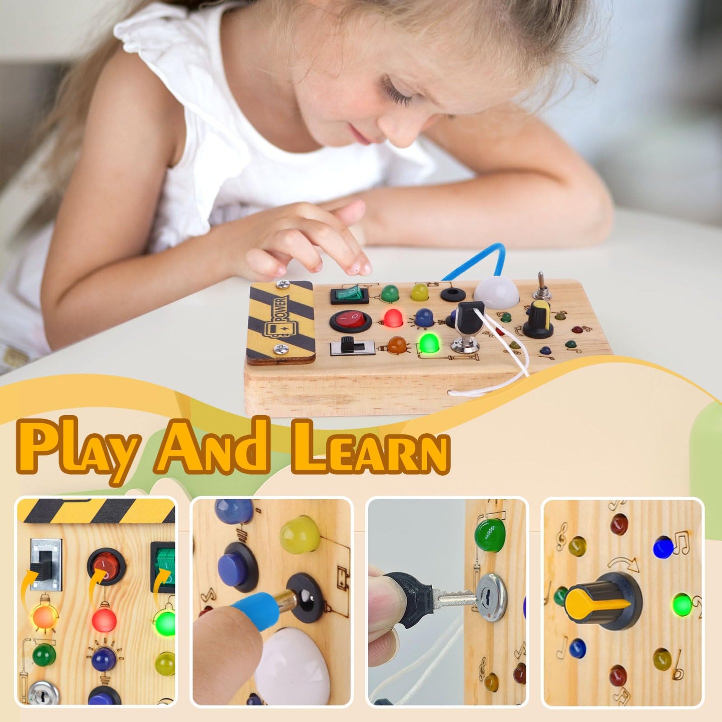 Montessori Wooden Busy Board with 8 LED Light switches, Sensory Toys Light Switch Travel Toys for 1+ Year Old Baby and Toddler - Medaid International