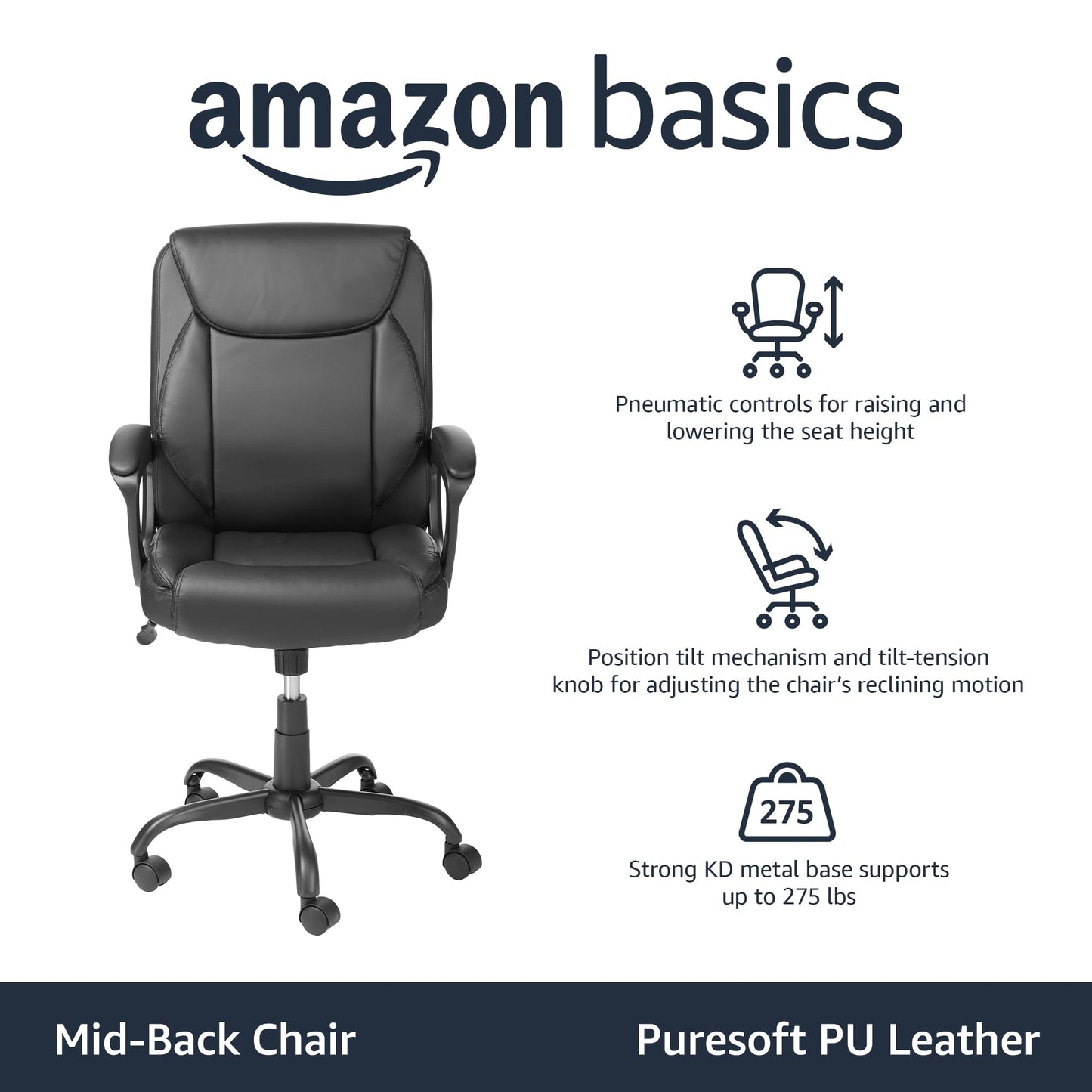 Amazon Basics Classic Puresoft PU Padded Mid-Back Height Adjustable Office Computer Desk Chair with Armrest, 26"D x 23.75"W x 42"H, Black - Medaid International
