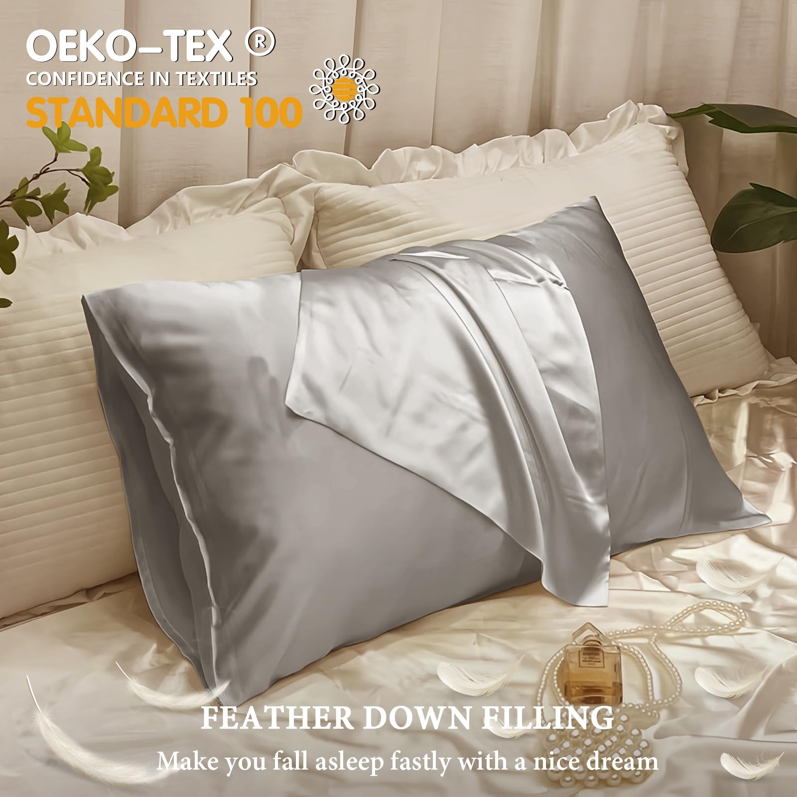 BHZ Satin Goose Down Feather Pillows King Size Set of 2 with Satin Pillowcase for Hair and Skin, Cooling Pillow Cases Similar to Silk Pillow Cases, Christmas Decorative Gifts for Women, Mom Men, Grey - Medaid International