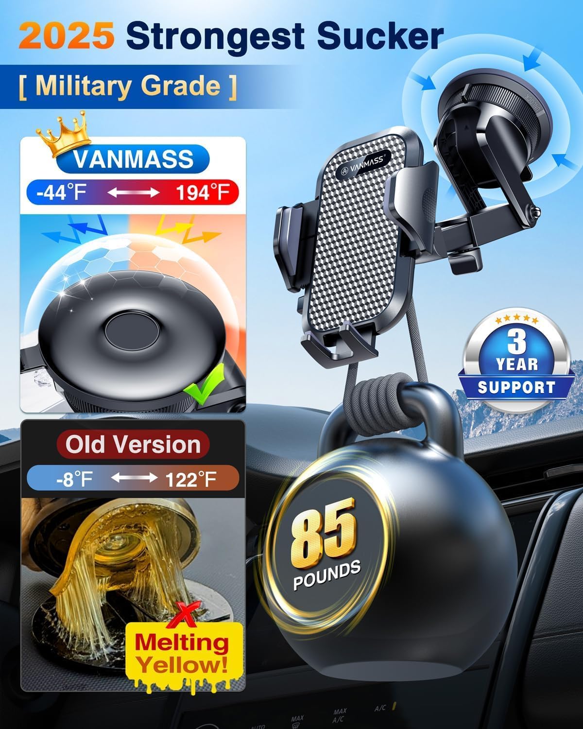 [2025 True Military-Grade] Car Phone Holder VANMASS [Upgraded Strongest Suction & Clip] Cell Phone Mount for Dashboard Windshield Vent Wall,Truck Cradle Stand for iPhone 17 Pro Max 16 15 14 13 Android - Medaid International