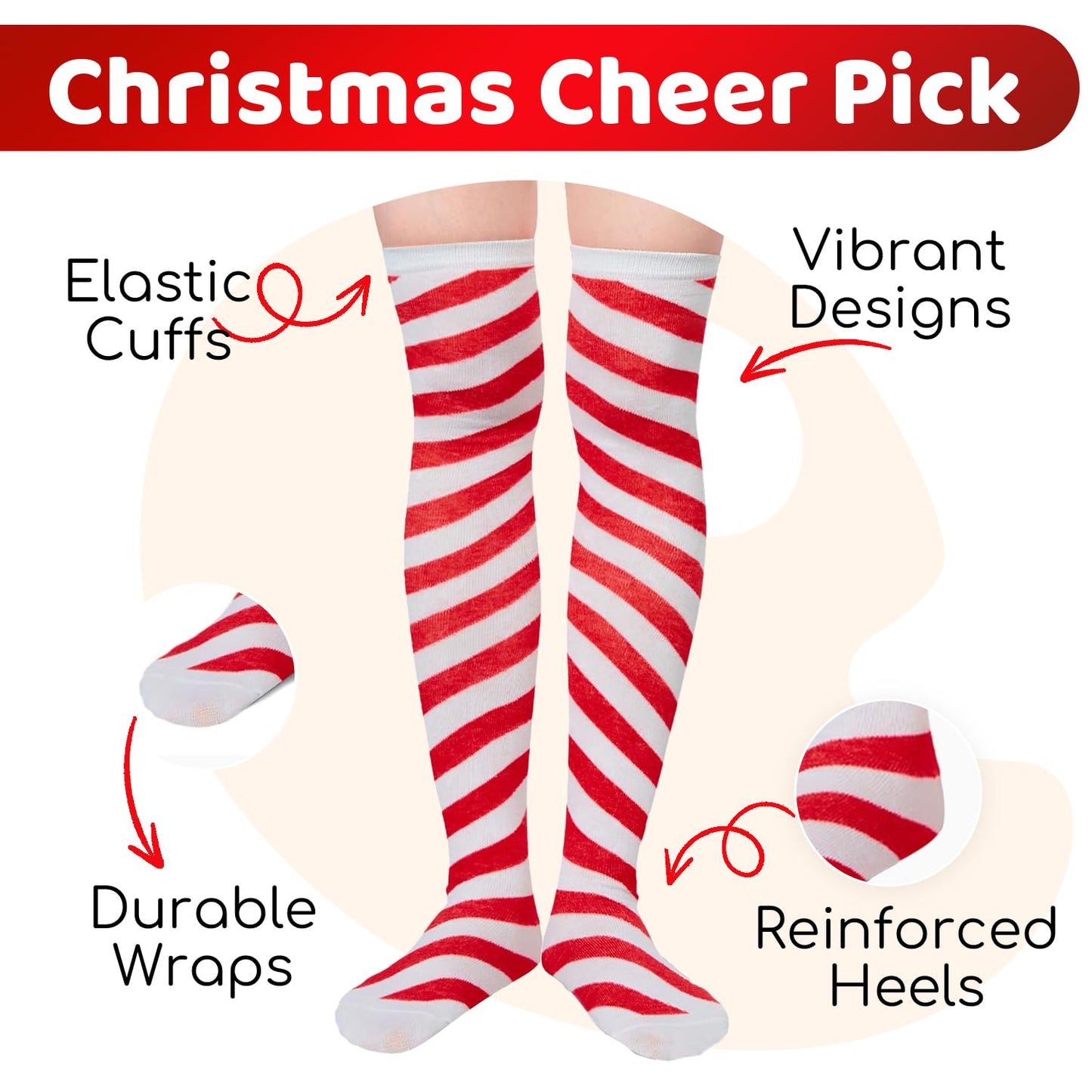 Christmas Knee High Socks - Red Green Elf Candy Cane Socks for Women 3 Pack - Medaid International