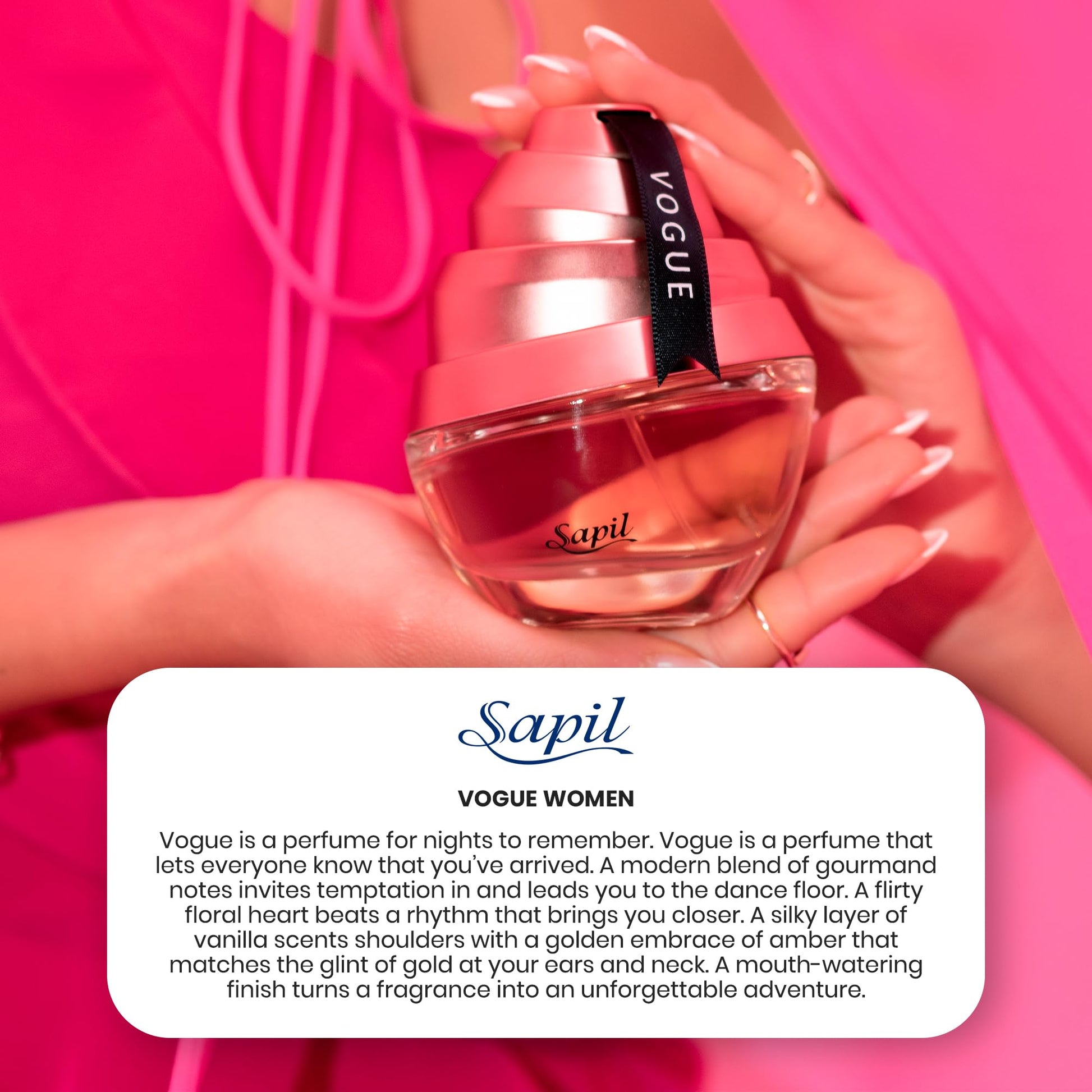 Sapil Vogue Eau de Parfum for Women – Long-Lasting Amber Floral Perfume with Almond, Coffee, Jasmine & Vanilla –3.4 Oz (100ml)–Dubai Fragrance for Women–Elegant & Uplifting Scent for Special Occasions - Medaid International