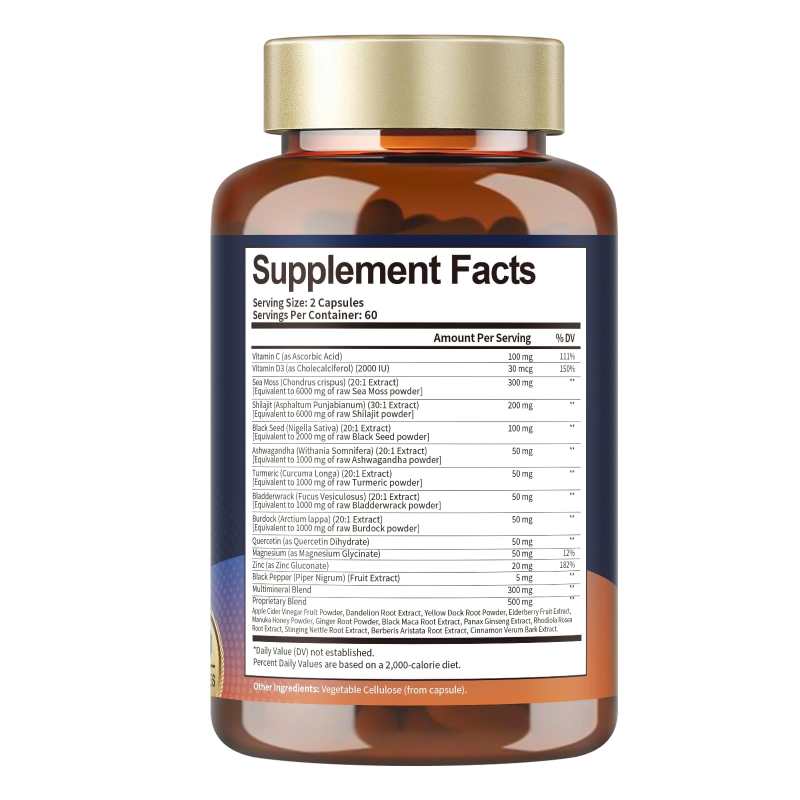 25-in-1 Sea Moss Black Seed Oil Ashwagandha Ginger Shilajit Supplement, Sea Moss Capsules Pro with Bladder Burdock Ceylon Cinnamon Berberine ACV Manuka VIT C & D3 for Men Women, 120 Vegan Caps - Medaid International