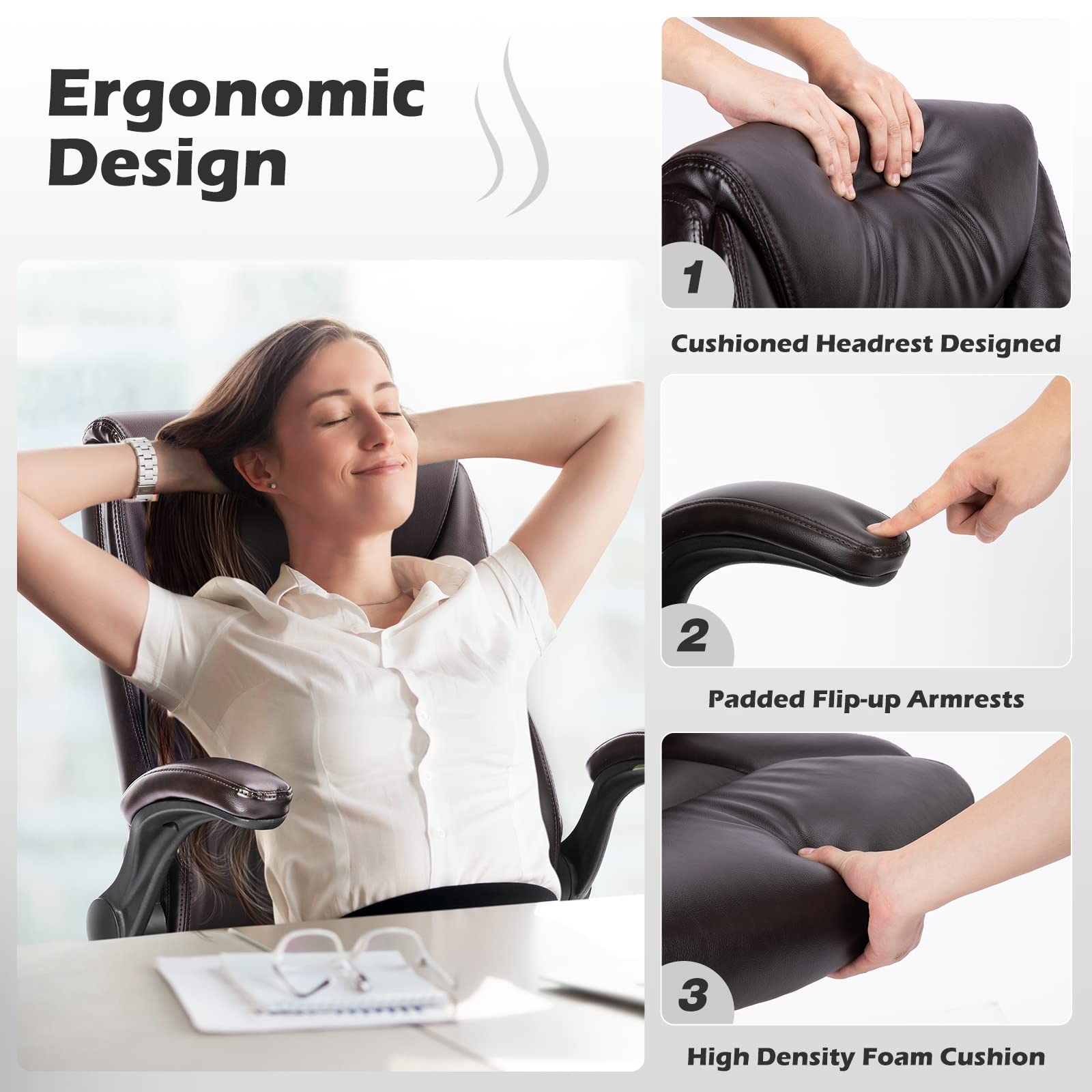 Executive Office Chair – Ergonomic Adjustable Computer Desk Chairs with High Back Flip-up Armrests, Swivel Task Chair with Lumbar Support, Bonded Leather - Medaid International