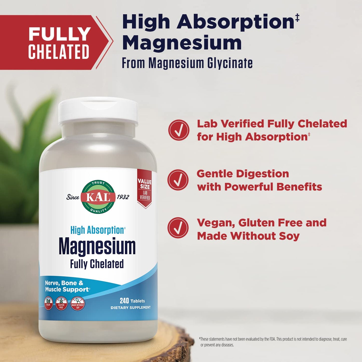 KAL Magnesium Glycinate Tablets, Fully Chelated, High Absorption Formula with Magnesium Bisglycinate Chelate for Nerve, Muscle & Bone Health Support, Vegan, Gluten Free, Value Size, 240 Tablets - Medaid International