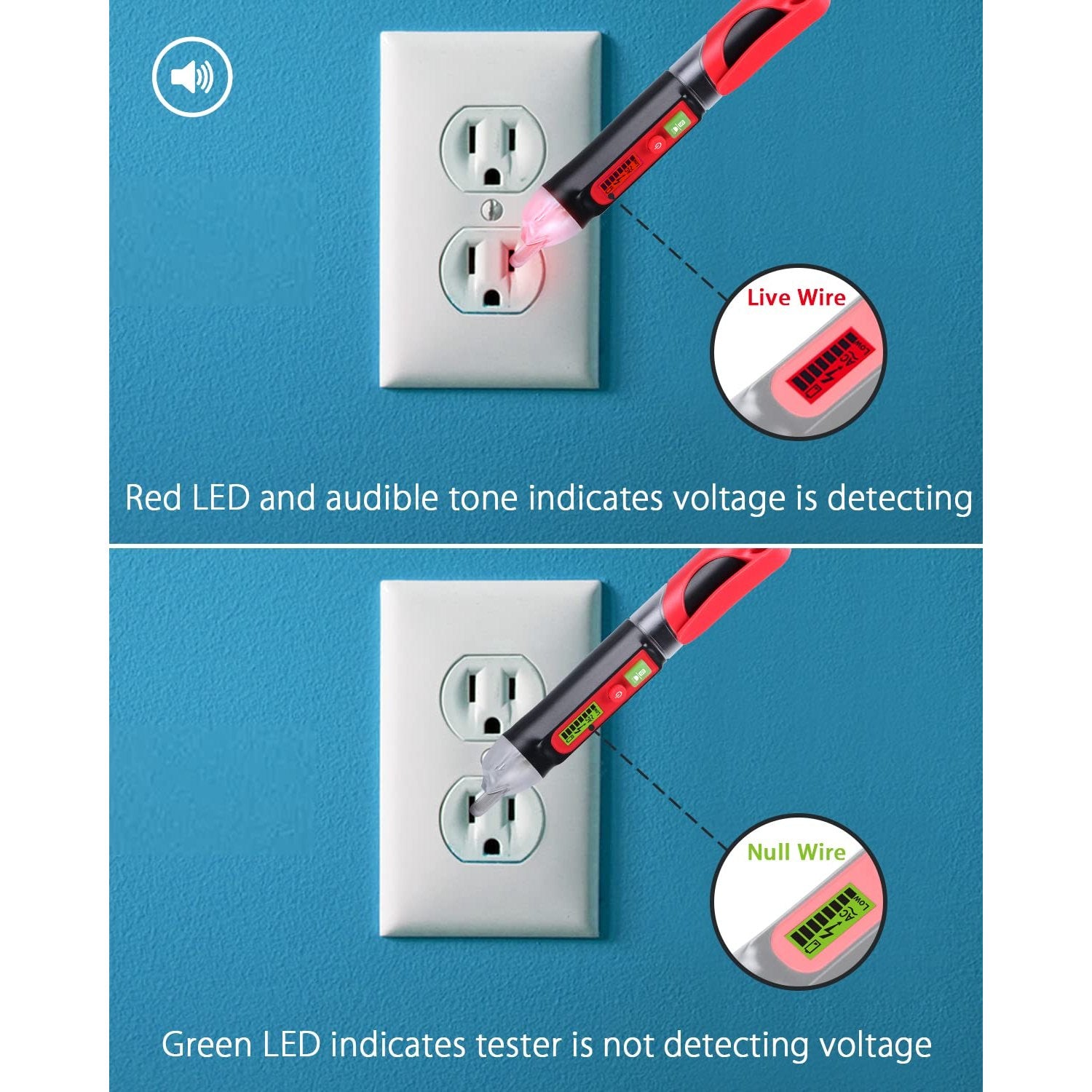 Wintact Non-Contact AC Voltage Detector Pen, 12V-1000V/48V-1000V Dual Range, High/Low Adjustable Sensitive, Live/Null Wire Breakpoint Tester with Flashlight, LCD Flashing Audible Buzzer Alarm - Medaid International