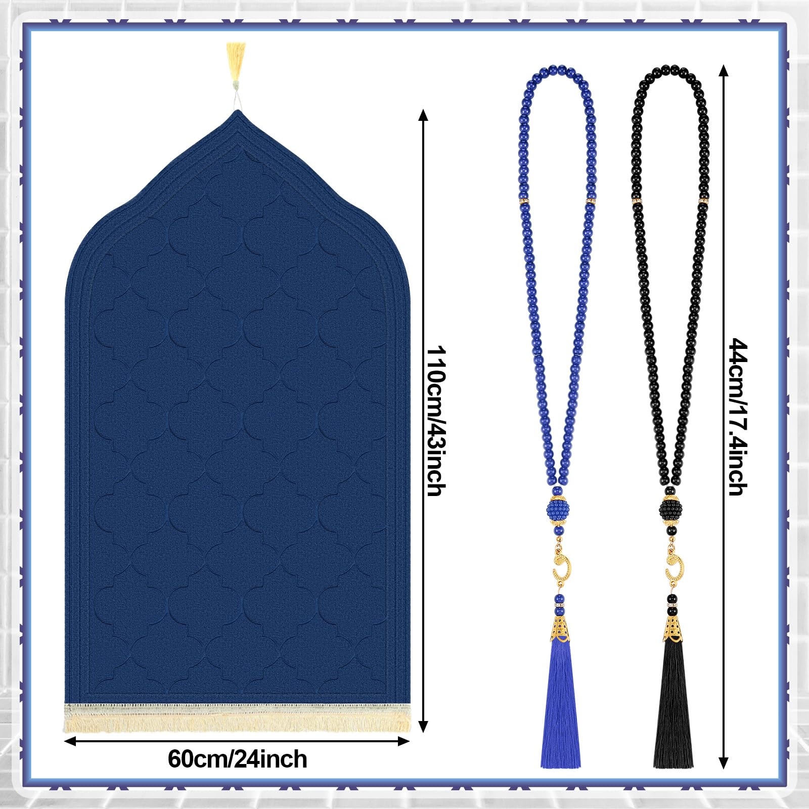 Fanfanwin 2 Pcs Muslim Prayer Rug Blue and Black Thickening Sponge Muslim Rug Islamic Prayer Mat with 2 Pcs Prayer Beads Islam Gifts for Men Women Eid Travel Ramadan - Medaid International