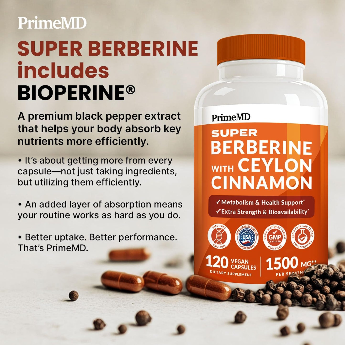 Super Berberine Supplement with Ceylon Cinnamon, BioPerine, Apple Cider, and Turmeric 1500mg - 8-in-1 Dihydroberberine Supplement for Overall Wellness and Balance Support, 120 ct - Medaid International