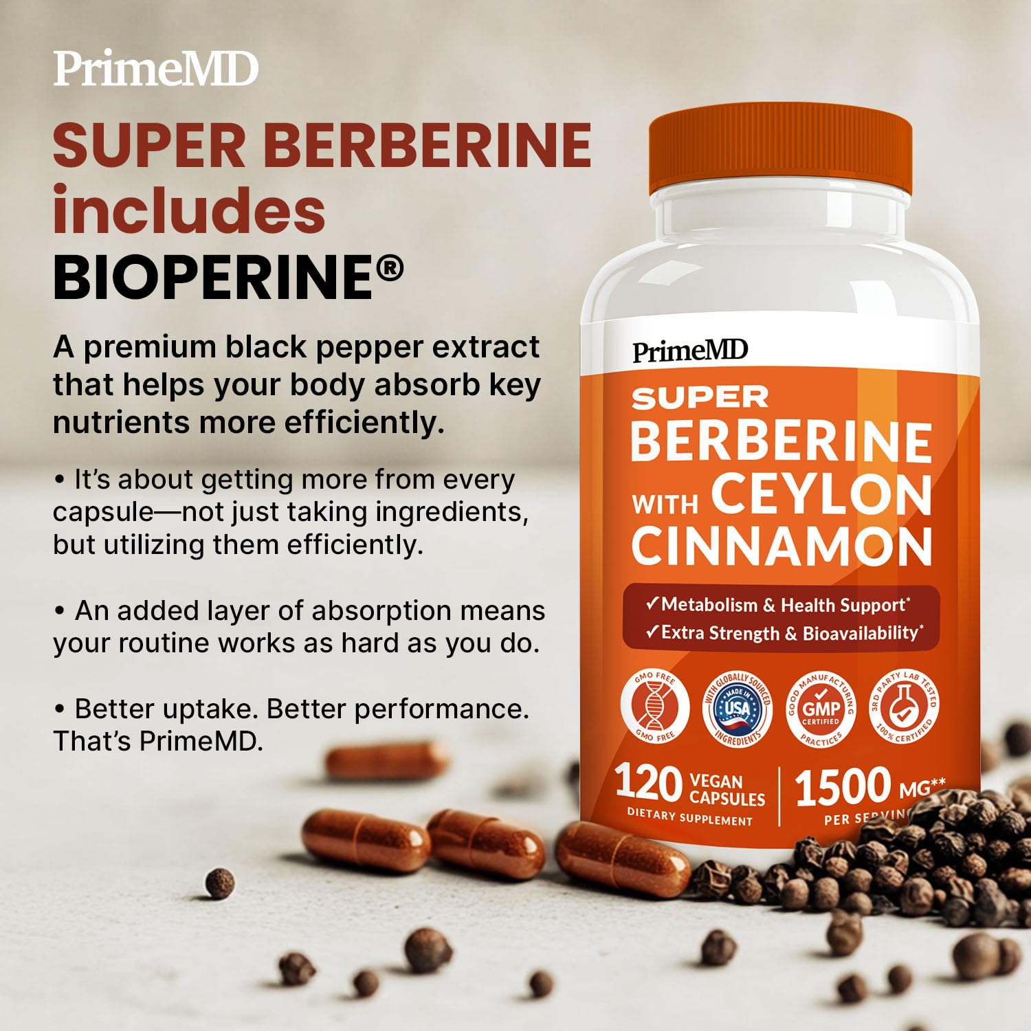 Super Berberine Supplement with Ceylon Cinnamon, BioPerine, Apple Cider, and Turmeric 1500mg - 8-in-1 Dihydroberberine Supplement for Overall Wellness and Balance Support, 120 ct - Medaid International