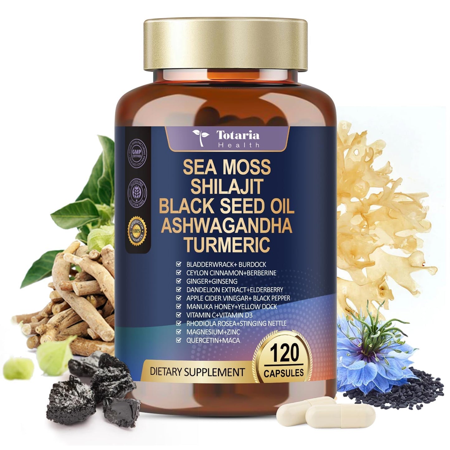 25-in-1 Sea Moss Black Seed Oil Ashwagandha Ginger Shilajit Supplement, Sea Moss Capsules Pro with Bladder Burdock Ceylon Cinnamon Berberine ACV Manuka VIT C & D3 for Men Women, 120 Vegan Caps - Medaid International