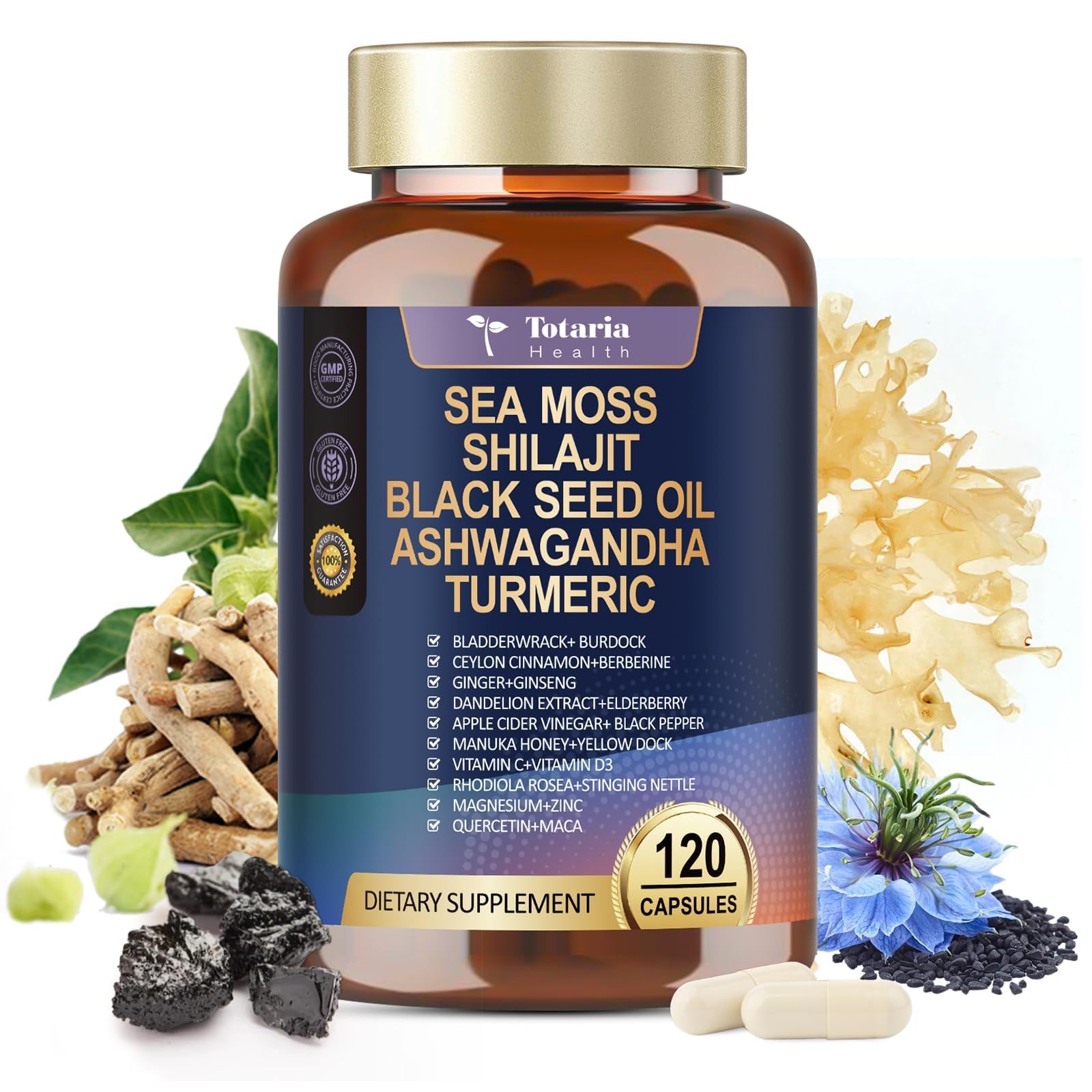 25-in-1 Sea Moss Black Seed Oil Ashwagandha Ginger Shilajit Supplement, Sea Moss Capsules Pro with Bladder Burdock Ceylon Cinnamon Berberine ACV Manuka VIT C & D3 for Men Women, 120 Vegan Caps - Medaid International