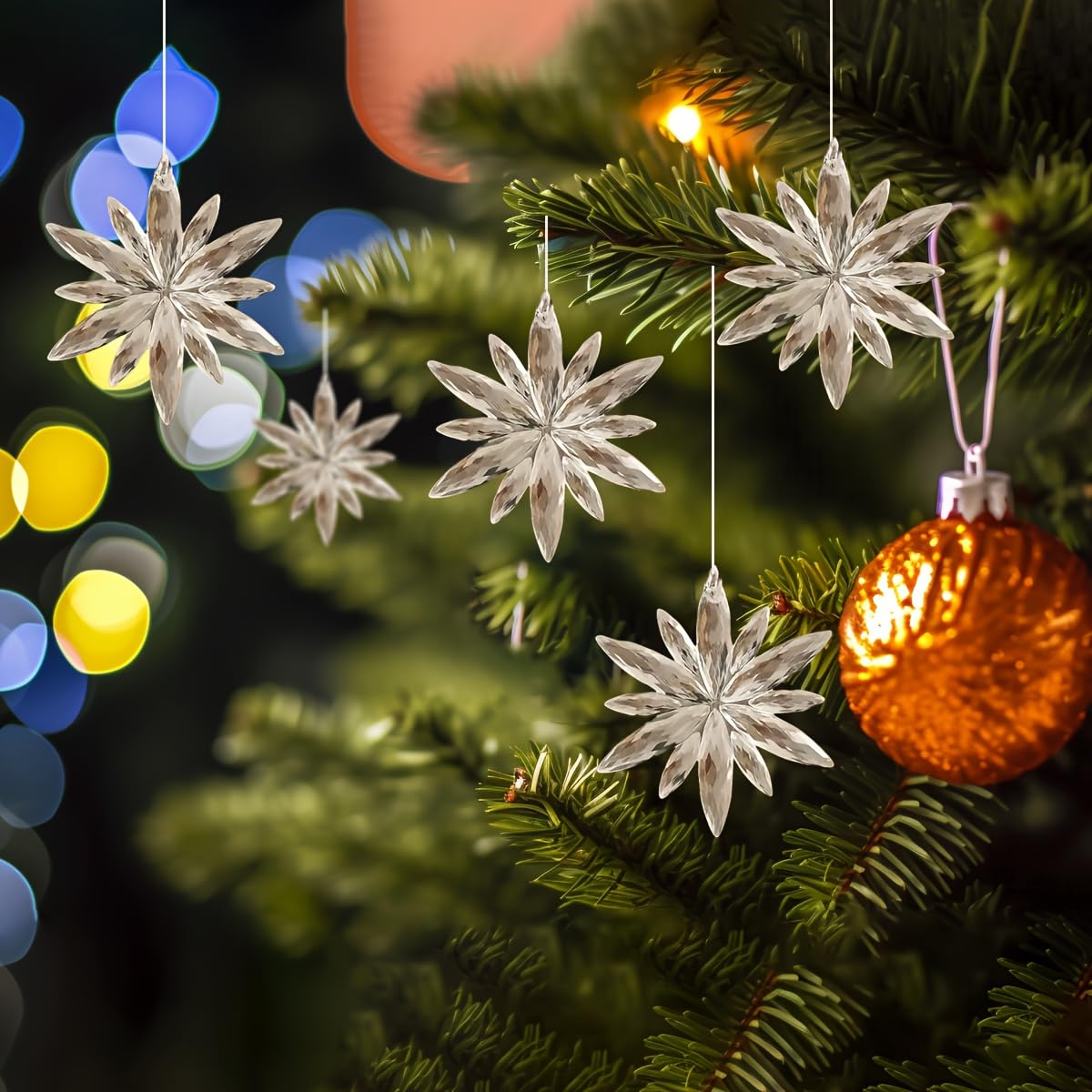 12Pcs Snowflake Christmas Tree Toppers, Transparent Snowflake Ornaments with Rope for Holiday Home, Wedding & Winter Celebrations - Medaid International