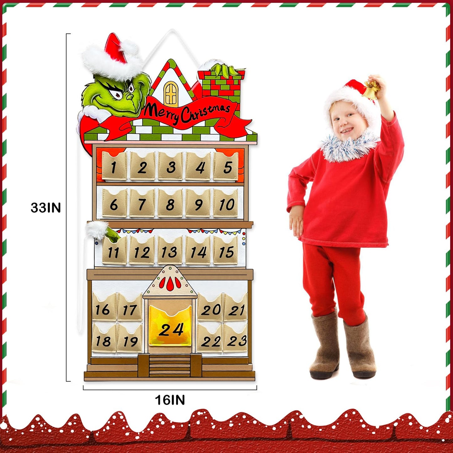 KOUPA Hanging Christmas Countdown Advent Calendar, Santa Grinch Green Haired Monster Decoration, Reusable Xmas Gift for Holiday Party Winter - Medaid International