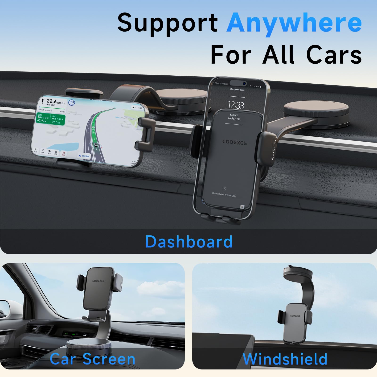 COOEXES Car Phone Holder, 360°Rotation Vacuum Suction Cup Phone Mount - 108LBS Nano Gel for Car, Bendable Arm & One-Hand Release, Truck Phone Holder for iPhone 17 Pro Max Samsung Android - Medaid International