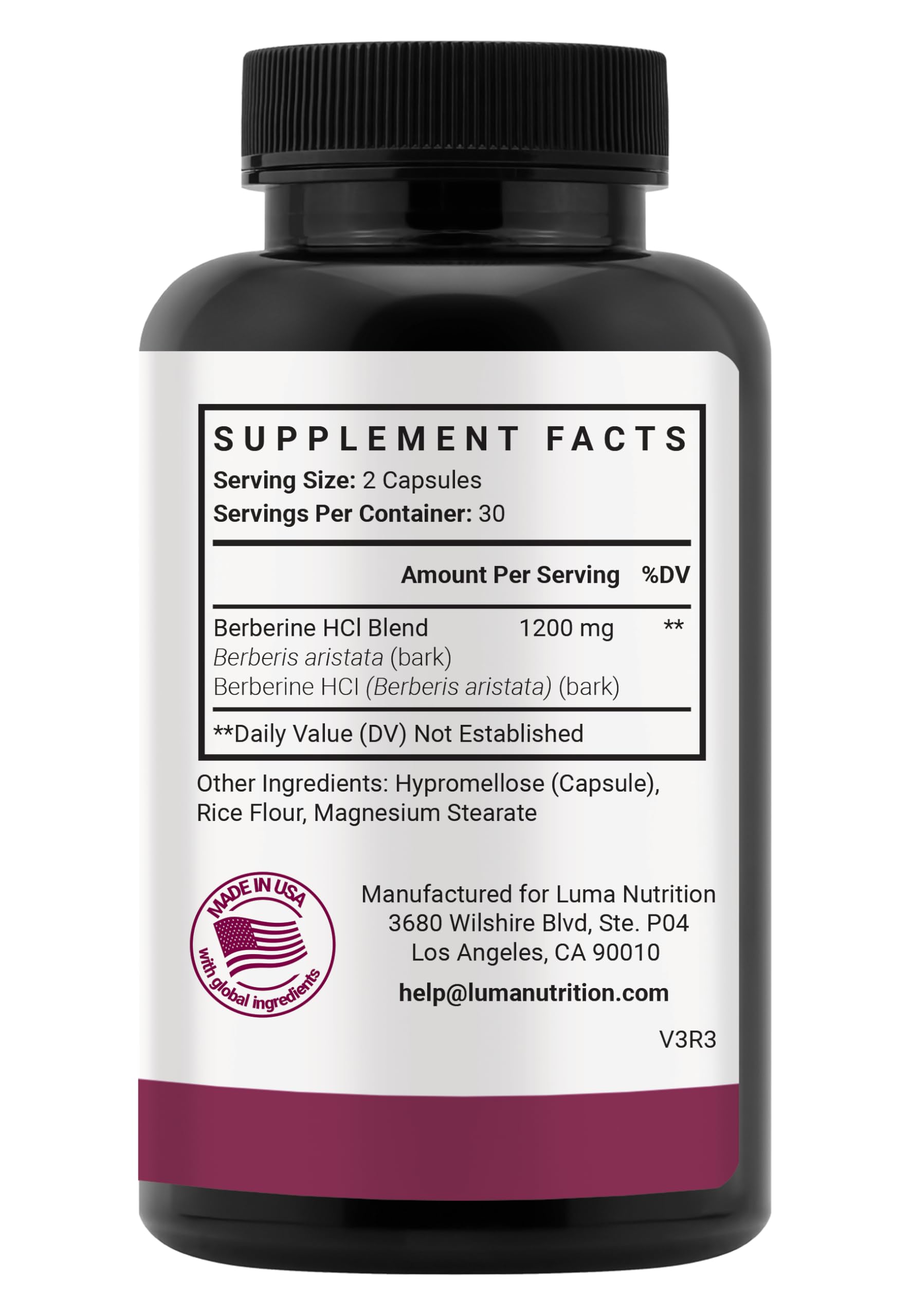 Luma Nutrition Berberine Supplement - Berberine HCL 1200mg Per Serving - Vegan, Gluten Free, Non-GMO - 60 Capsules - Medaid International