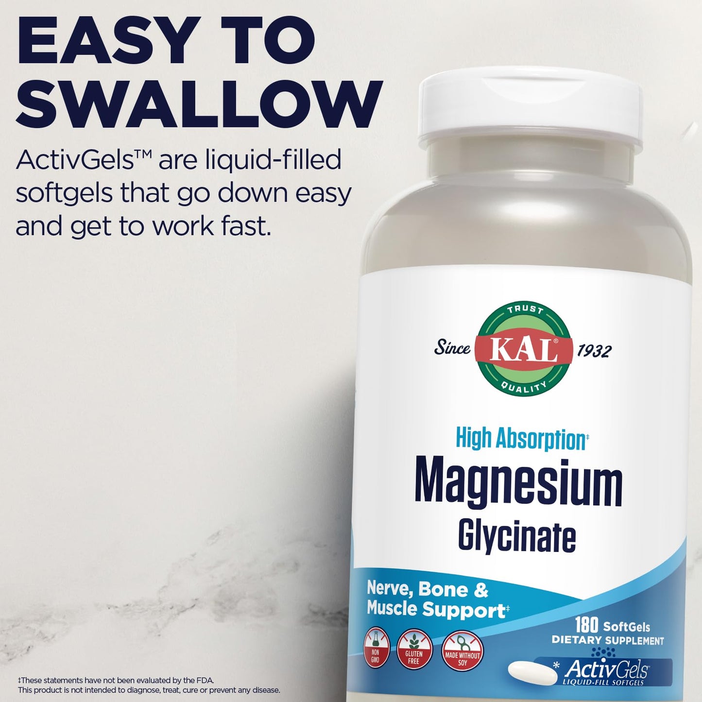 KAL Magnesium Glycinate ActivGels 315mg, Fully Chelated, High Absorption Magnesium Supplement for Relaxation, Muscle & Bone Support, Non-GMO, Gluten Free, 60 Servings, 180 Softgels - Medaid International
