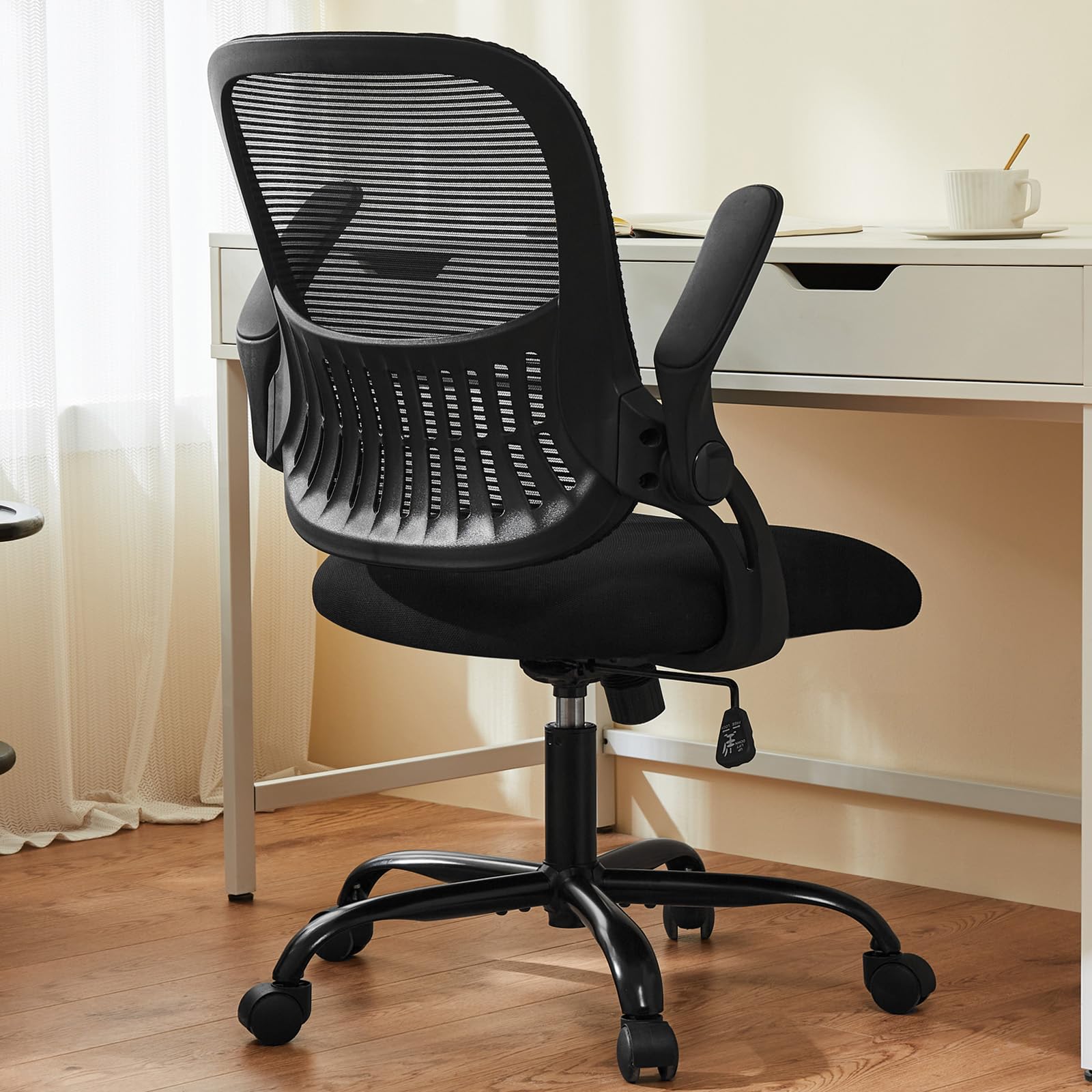 Sweetcrispy Office Computer Desk Chair, Ergonomic Mid-Back Mesh Rolling Work Swivel Task Chairs with Wheels, Comfortable Lumbar Support, Comfy Flip-up Arms for Home, Bedroom, Study, Student, Black - Medaid International