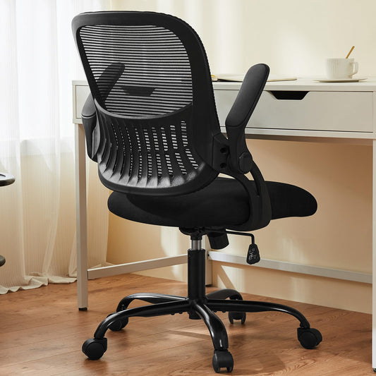 Sweetcrispy Office Computer Desk Chair, Ergonomic Mid-Back Mesh Rolling Work Swivel Task Chairs with Wheels, Comfortable Lumbar Support, Comfy Flip-up Arms for Home, Bedroom, Study, Student, Black - Medaid International
