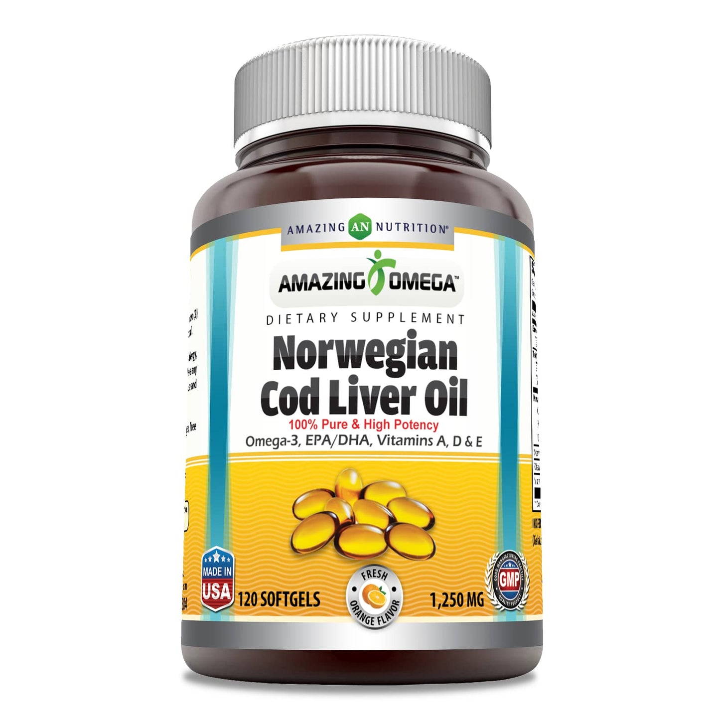 Amazing Omega Norwegian Cod Liver Oil 1250 mg 120 Softgels Supplement (Fresh Orange Flavor) - Medaid International
