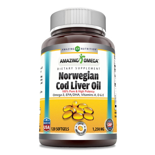 Amazing Omega Norwegian Cod Liver Oil 1250 mg 120 Softgels Supplement (Fresh Orange Flavor) - Medaid International