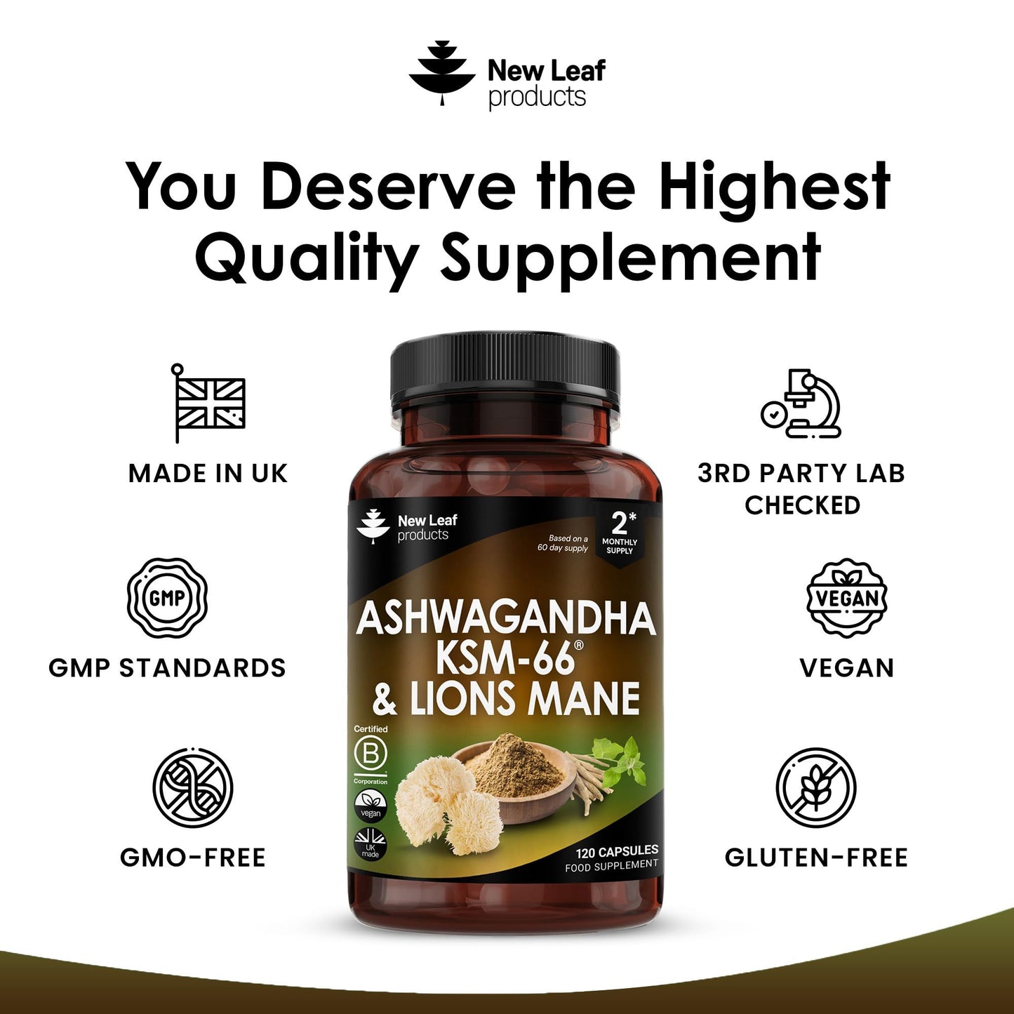 Ashwagandha KSM-66 and Lions Mane Capsules - High Strength 2000mg KSM-66 Ashwaghandha Root Extract and Lions Mane Mushroom Extract - 120 Vegan Capsules with Black Pepper - UK Made by New Leaf - Medaid International