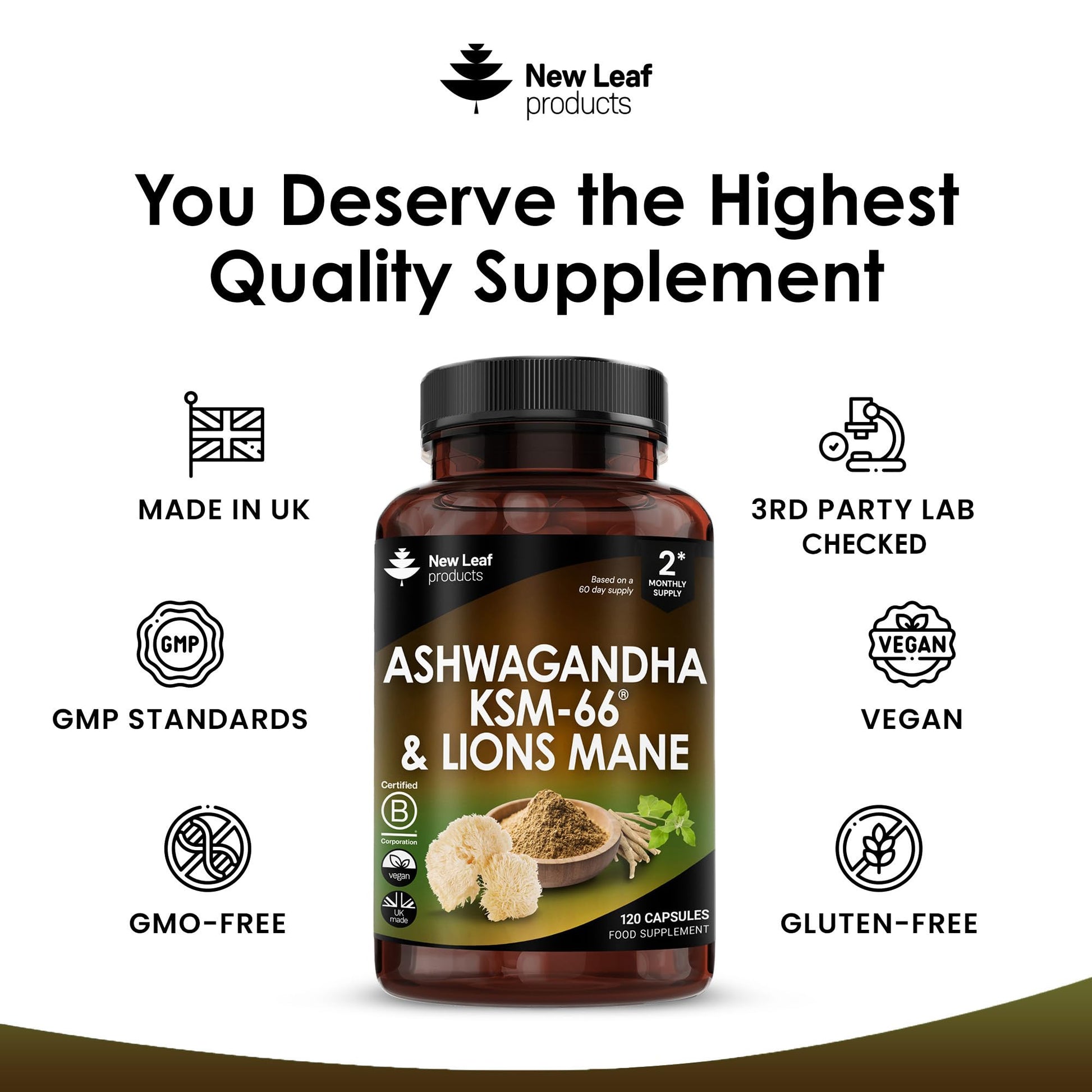 Ashwagandha KSM-66 and Lions Mane Capsules - High Strength 2000mg KSM-66 Ashwaghandha Root Extract and Lions Mane Mushroom Extract - 120 Vegan Capsules with Black Pepper - UK Made by New Leaf - Medaid International