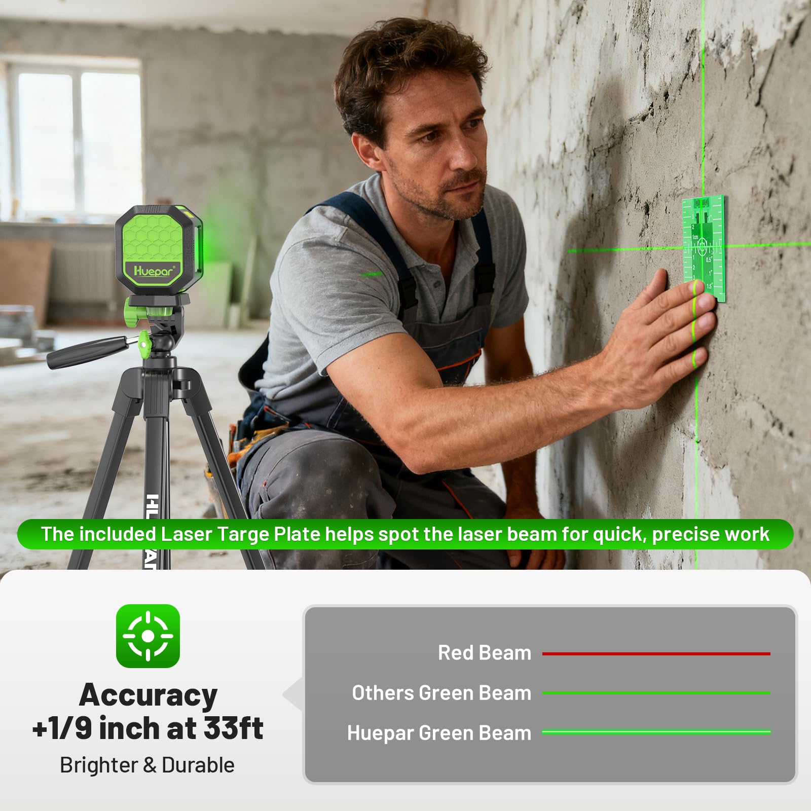Laser Level with 60 Inch Tripod, Huepar 100Ft Self Leveling Laser Level Rechargeable Green Cross Line Lazer Leveler Tool for Picture Hanging, Tile, Home Renovation, 360° Magnetic Bracket &Target Plate - Medaid International