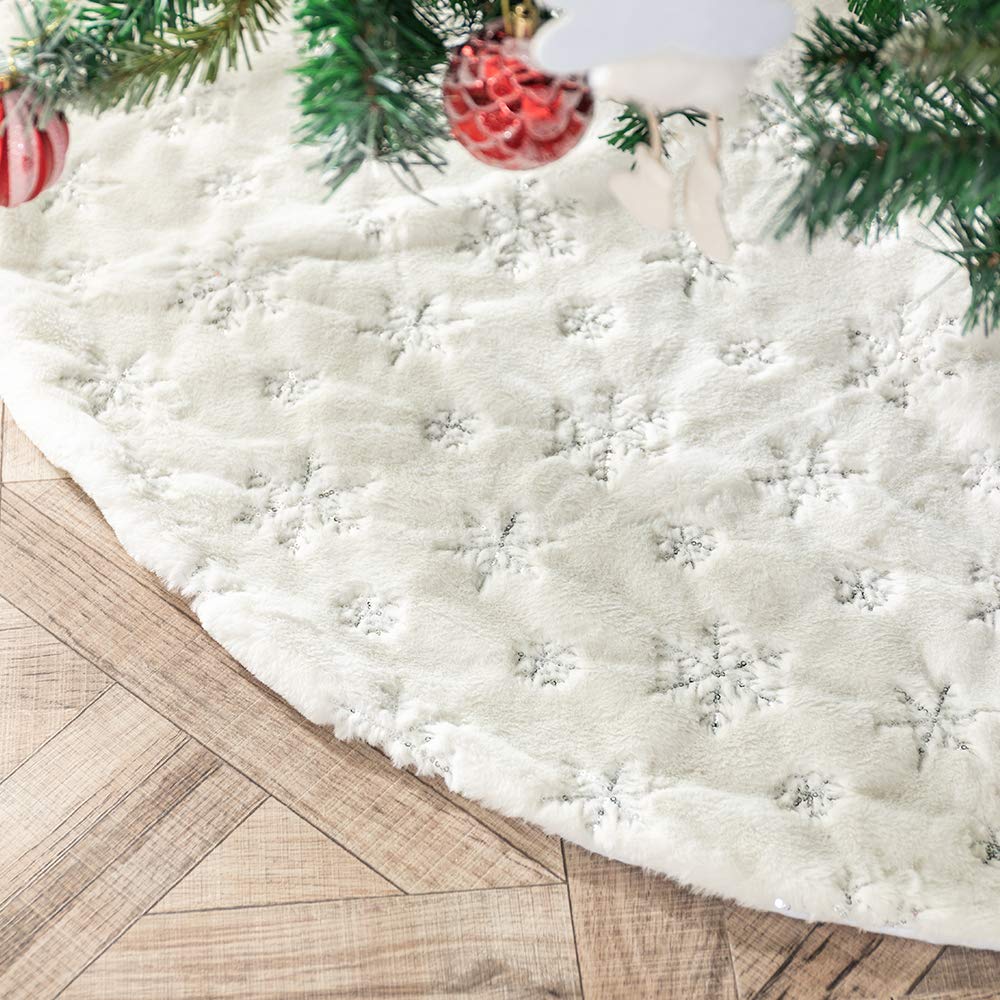 Amidaky Christmas Tree Skirt 48 inches White Faux Fur Silver Snowflake Sequin Embroidered Luxury Tree Skirt Xmas Decoration - Medaid International