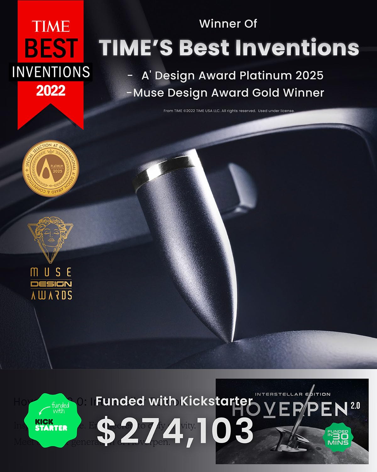 novium Hoverpen Interstellar - Space Black, Ballpoint Pen, Unique Conversational Starter, Premium Futuristic Design, Precision Flow Ink, Schmidt Ballpoint Cartridges - Medaid International