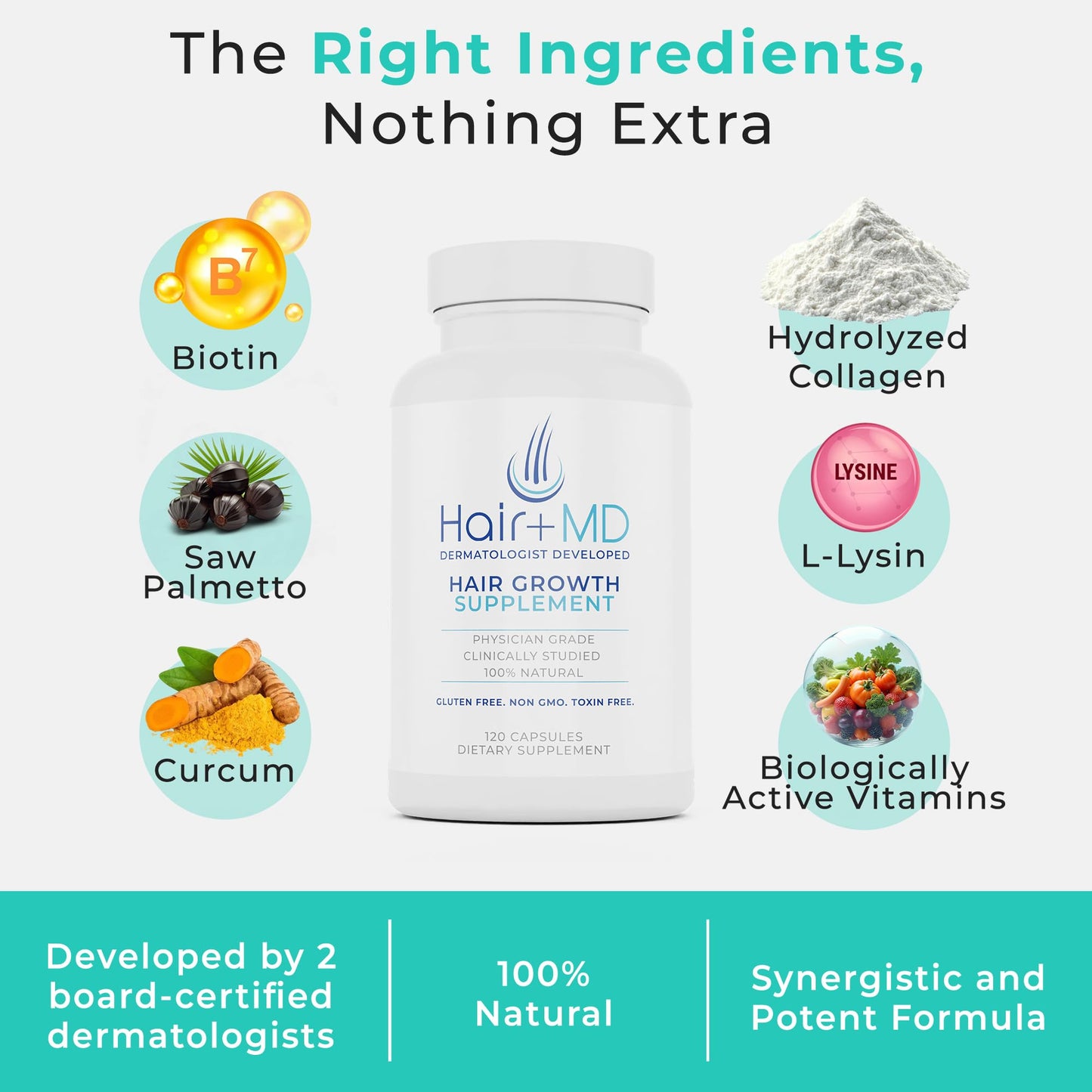 Hair Plus MD Hair Growth Supplement, 120 Capsules – Supports Hair Growth & Density – Dermatologist-Developed with Collagen & Vitamins – Gluten-Free, Toxin-Free, Non-GMO – 1 Month Supply - Medaid International