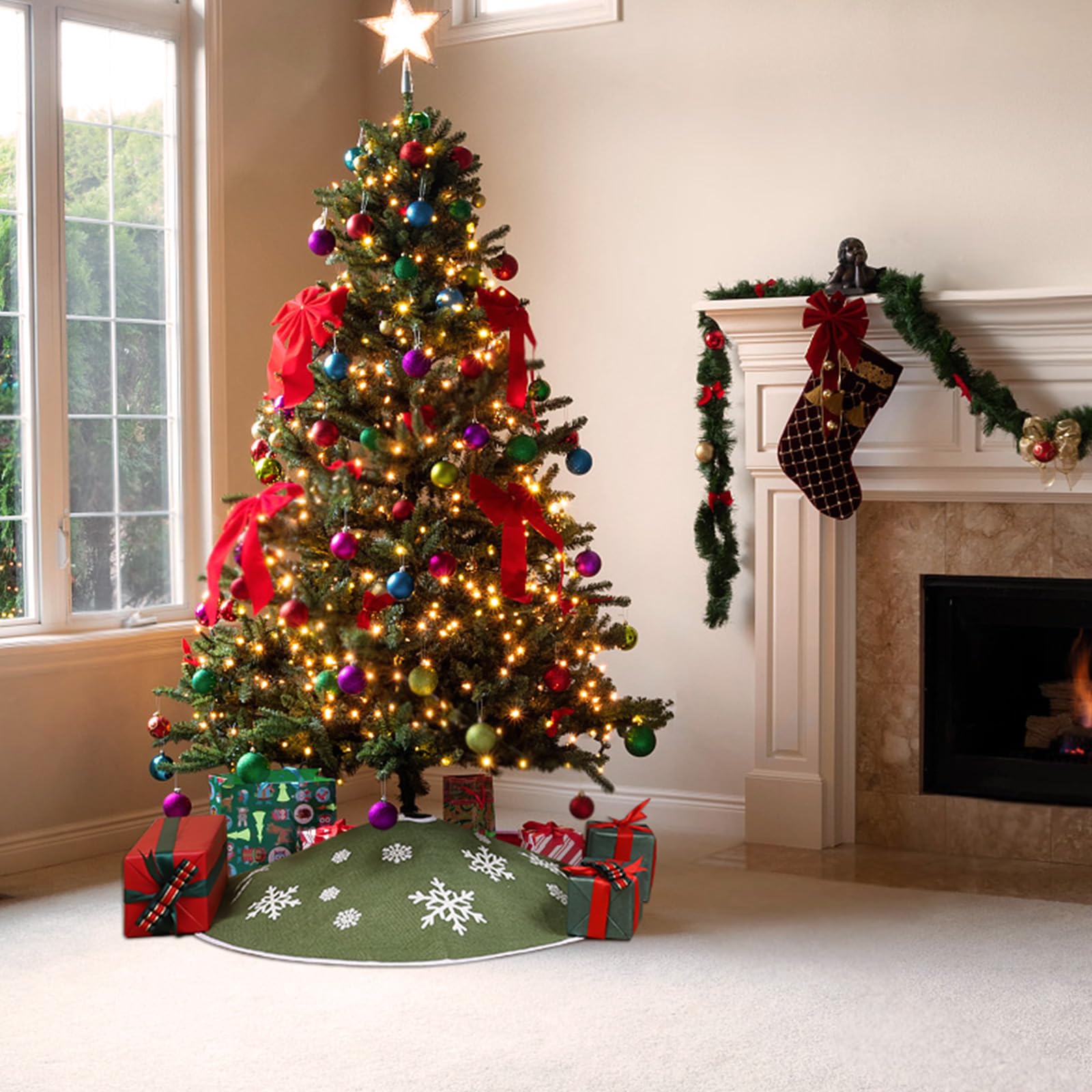 MACTING Christmas Small Tree Skirt, 30 Inch Green Burlap Tree Mat with White Snowflake Printed for 5FT Xmas Tree Farmhouse Holiday Party Indoor Home Decorations - Medaid International