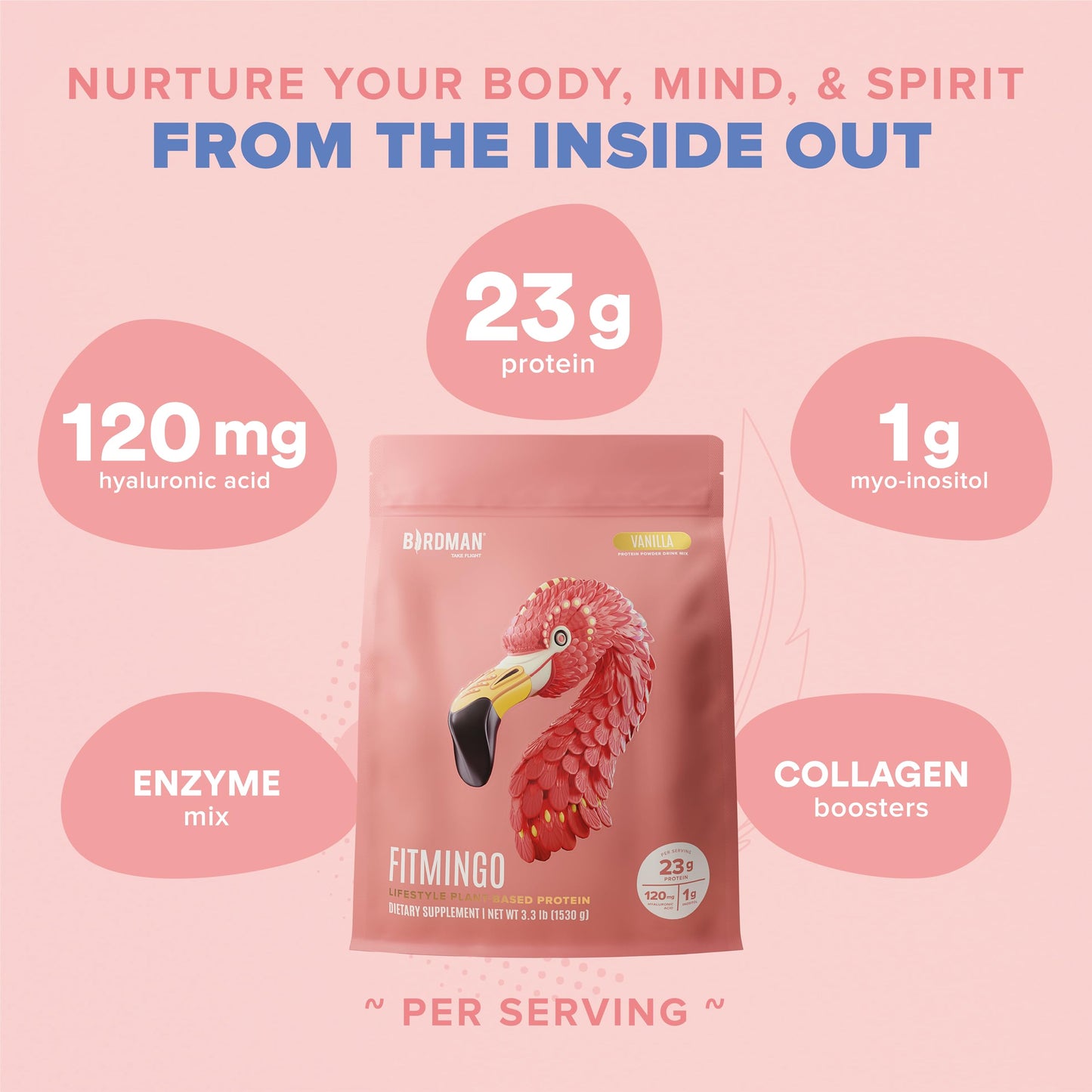 BIRDMAN Fitmingo Vegan Protein Powder with Inositol, Collagen Boosters, Hyaluronic Acid and Vitamins | Low Carb, Dairy Free, Low Calorie | 23g Plant Based Blueberry Protein Powder with Myo-Inositol - Medaid International