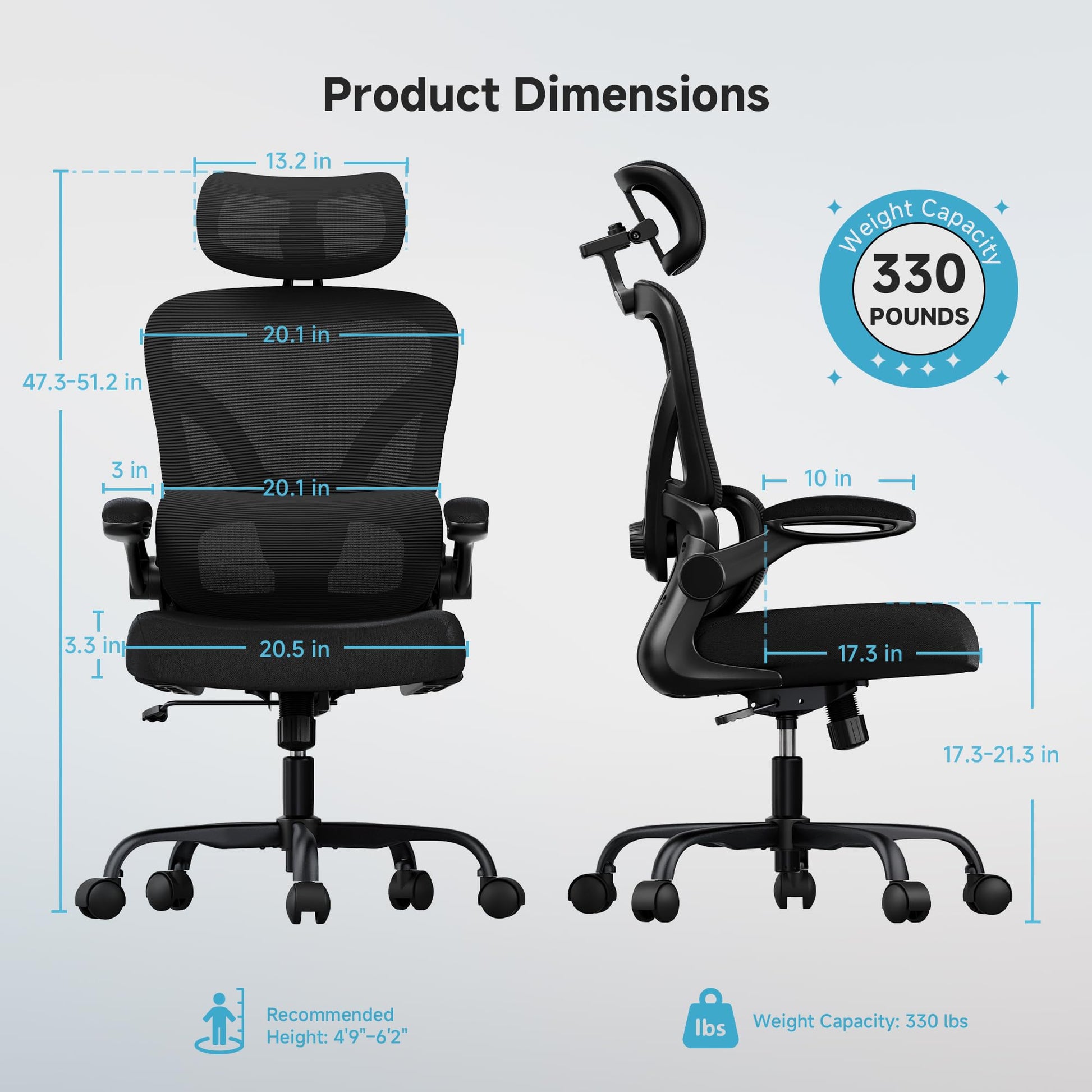 PKPT Ergonomic Desk Chair with Adjustable Lumbar Support & Headrest, 330 LBS High Back Mesh Office Chair with Adjustable Armrest for Long Hours, Executive Large Computer Chair, Black - Medaid International