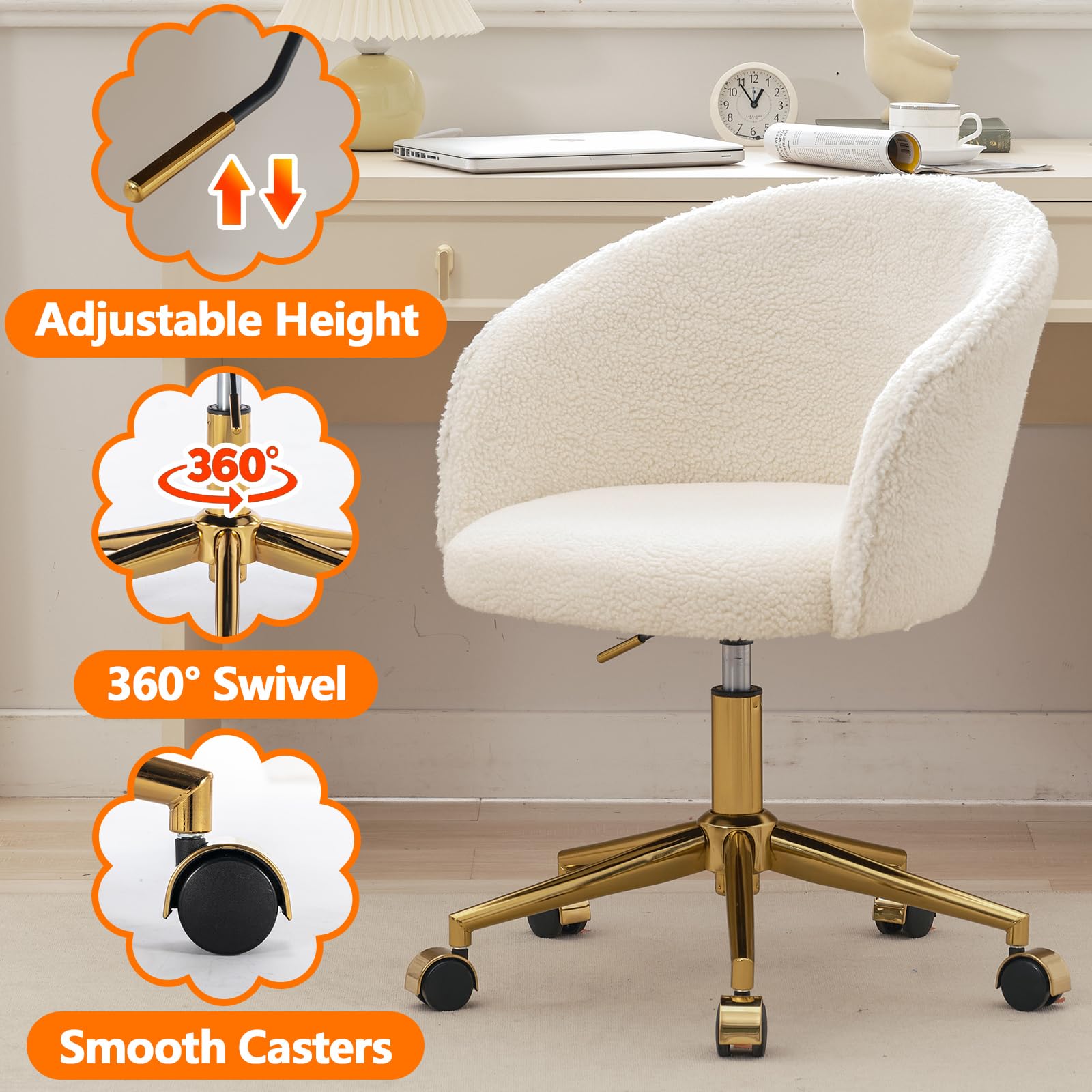 Nahenduo Cute Vanity Chair with Back, Teddy Velvet Desk Chair with Wheels and Gold Legs, Modern Makeup Chairs for Vanity Bedroom Office, Adjustable High 360 Swivel (Teddy White) - Medaid International