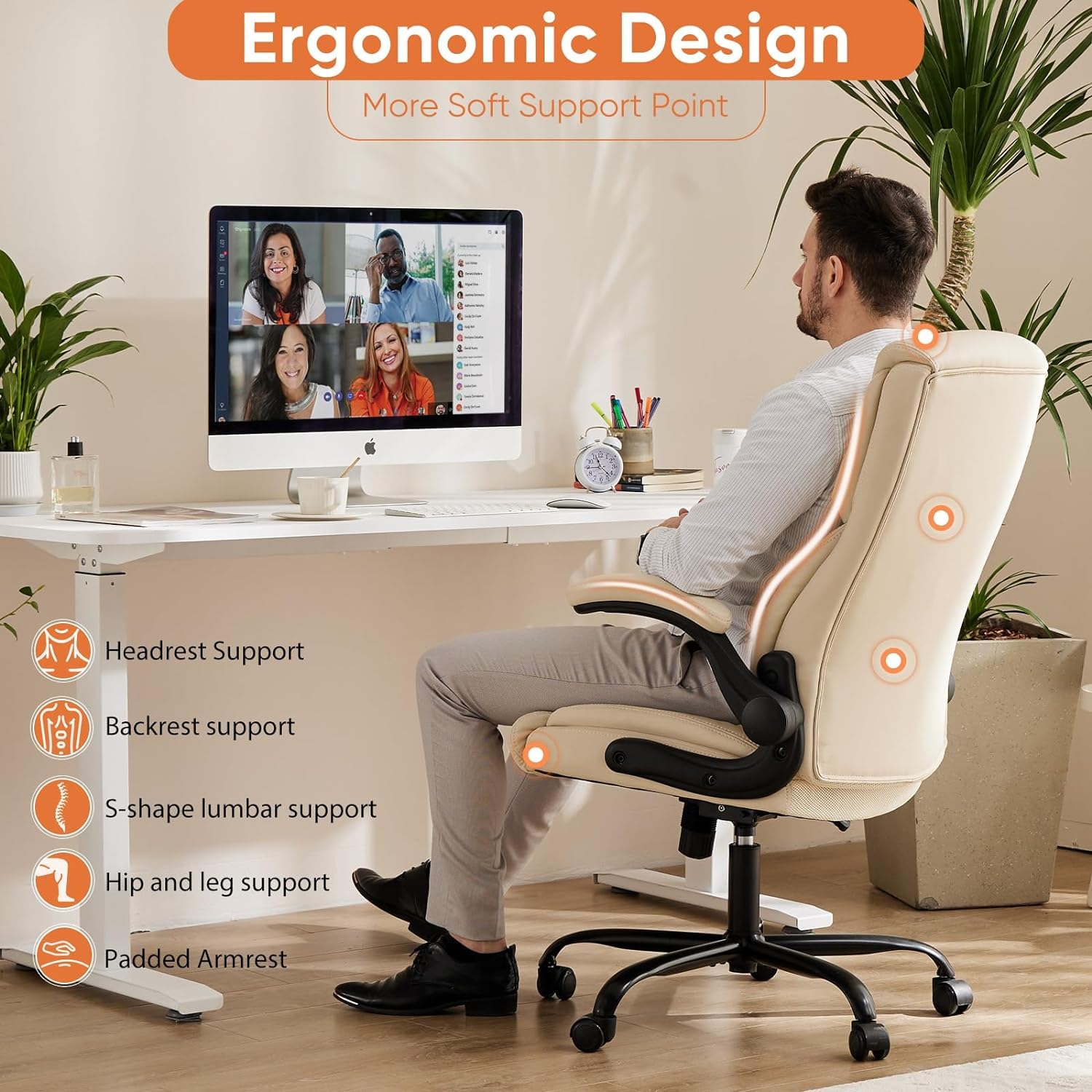 Sweetcrispy Ergonomic Office Chair Heavy Duty Task Desk Chair with Flip-up Arms, PU Leather, Adjustable Swivel Rolling Chair with Wheels, Beige - Medaid International